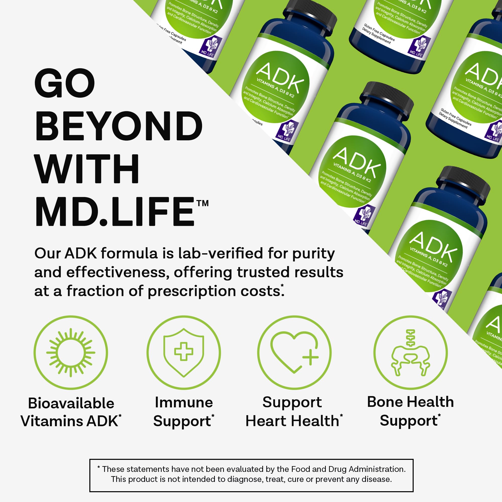 MD.LIFE High Potency Vitamin ADK Supplement vegan capsules close-up