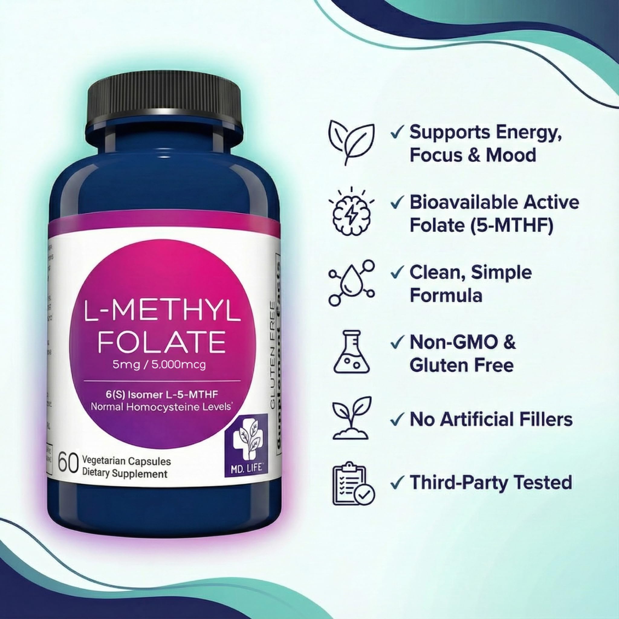 MD.LIFE L-Methylfolate 5mg capsules bottle opened