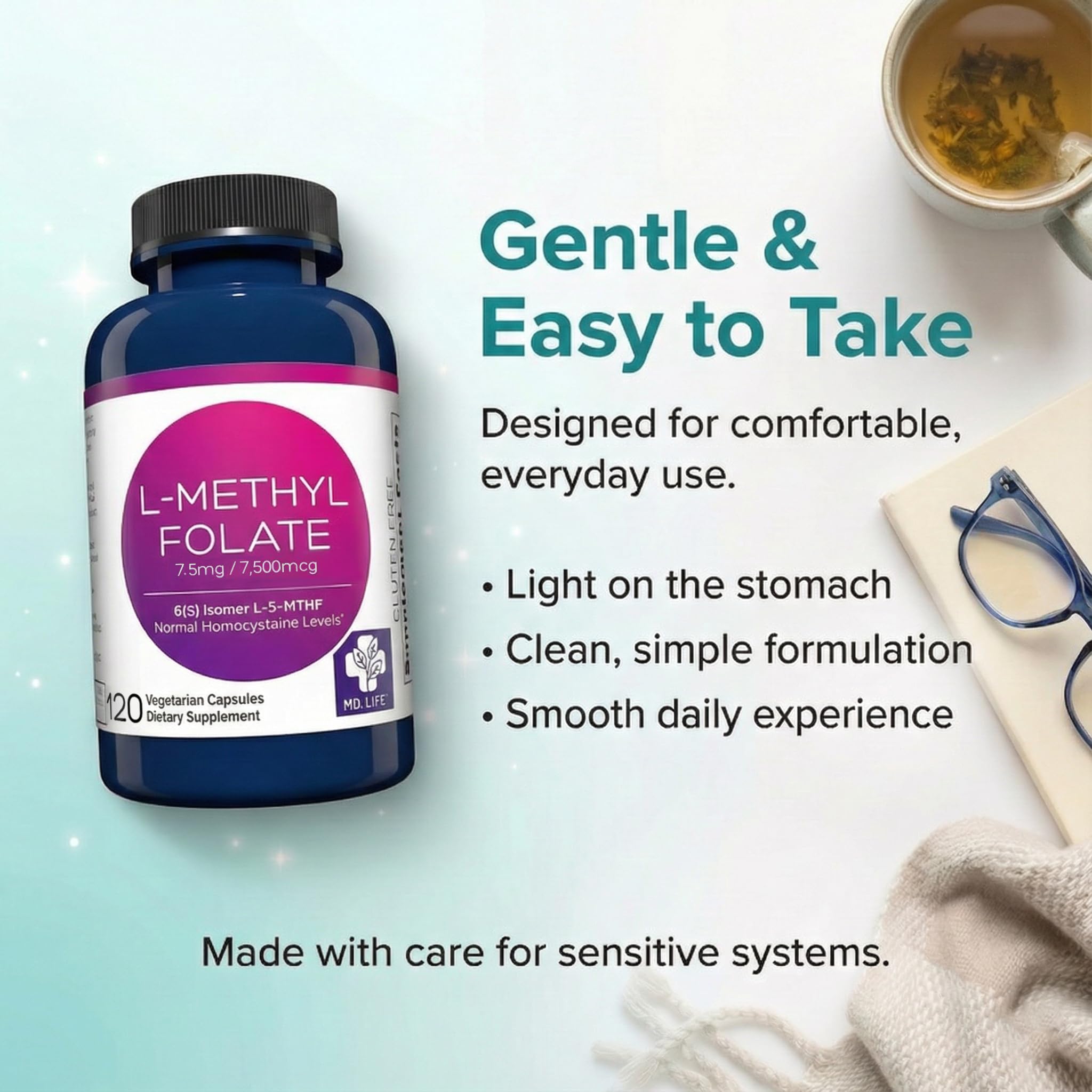 MD.LIFE L-Methylfolate capsules opened bottle