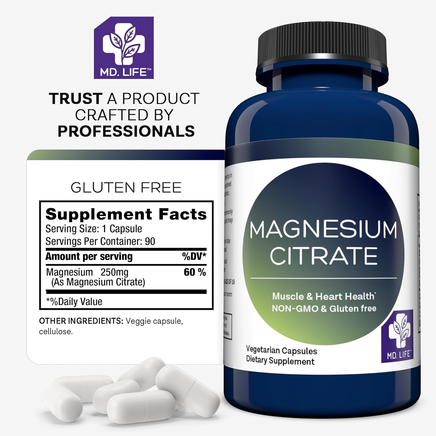 MD.LIFE Magnesium Citrate 250 mg Capsules with measuring spoon