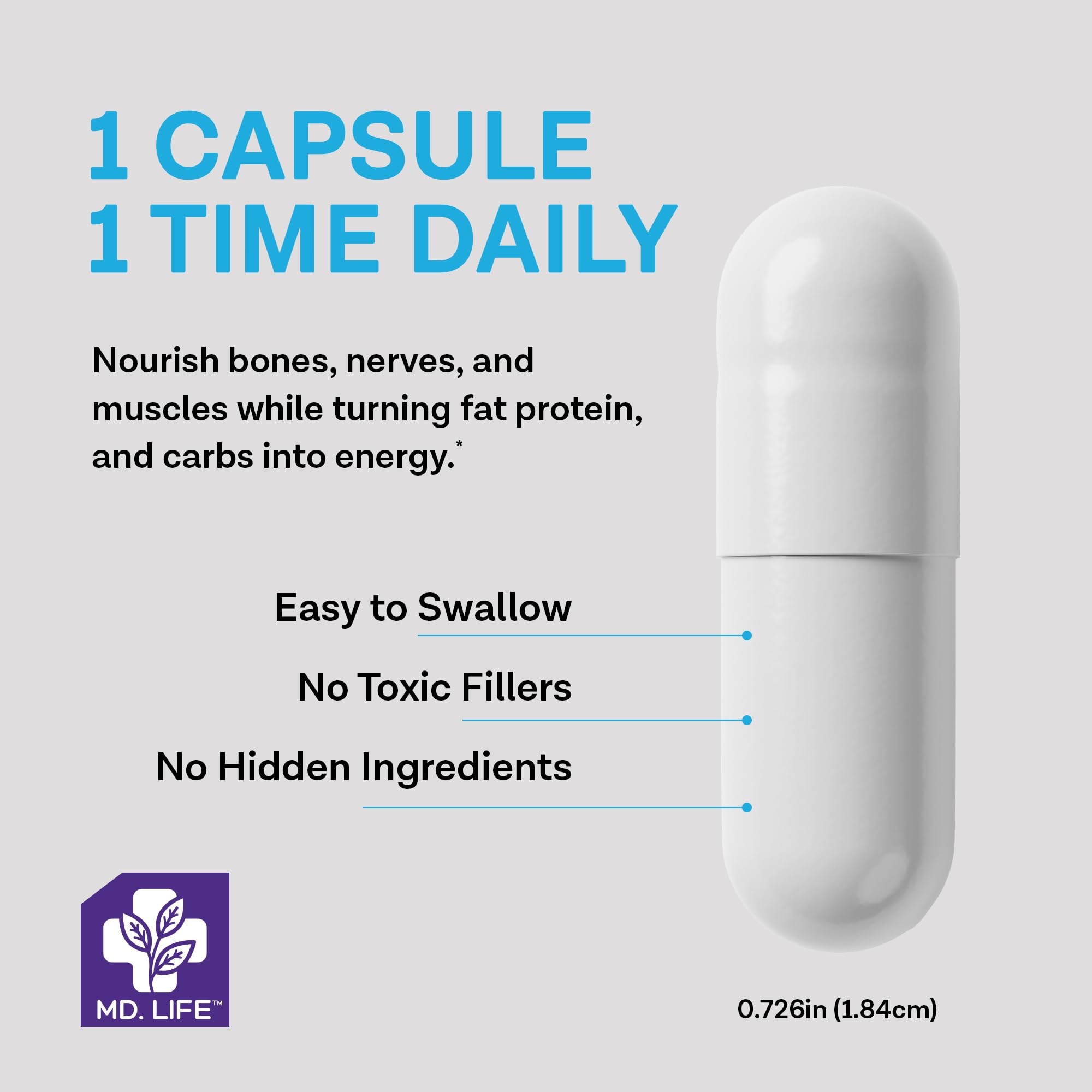 MD.LIFE Magnesium Oxide Supplement 400mg capsule bottle side view