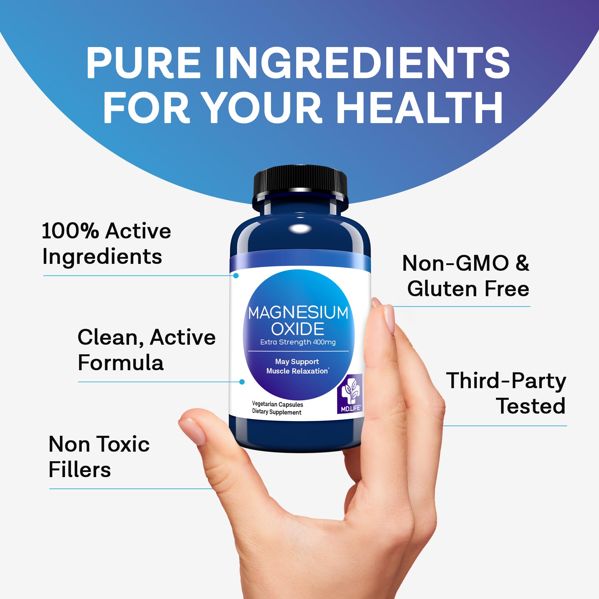 MD.LIFE Magnesium Oxide Supplement 400mg capsules in a hand