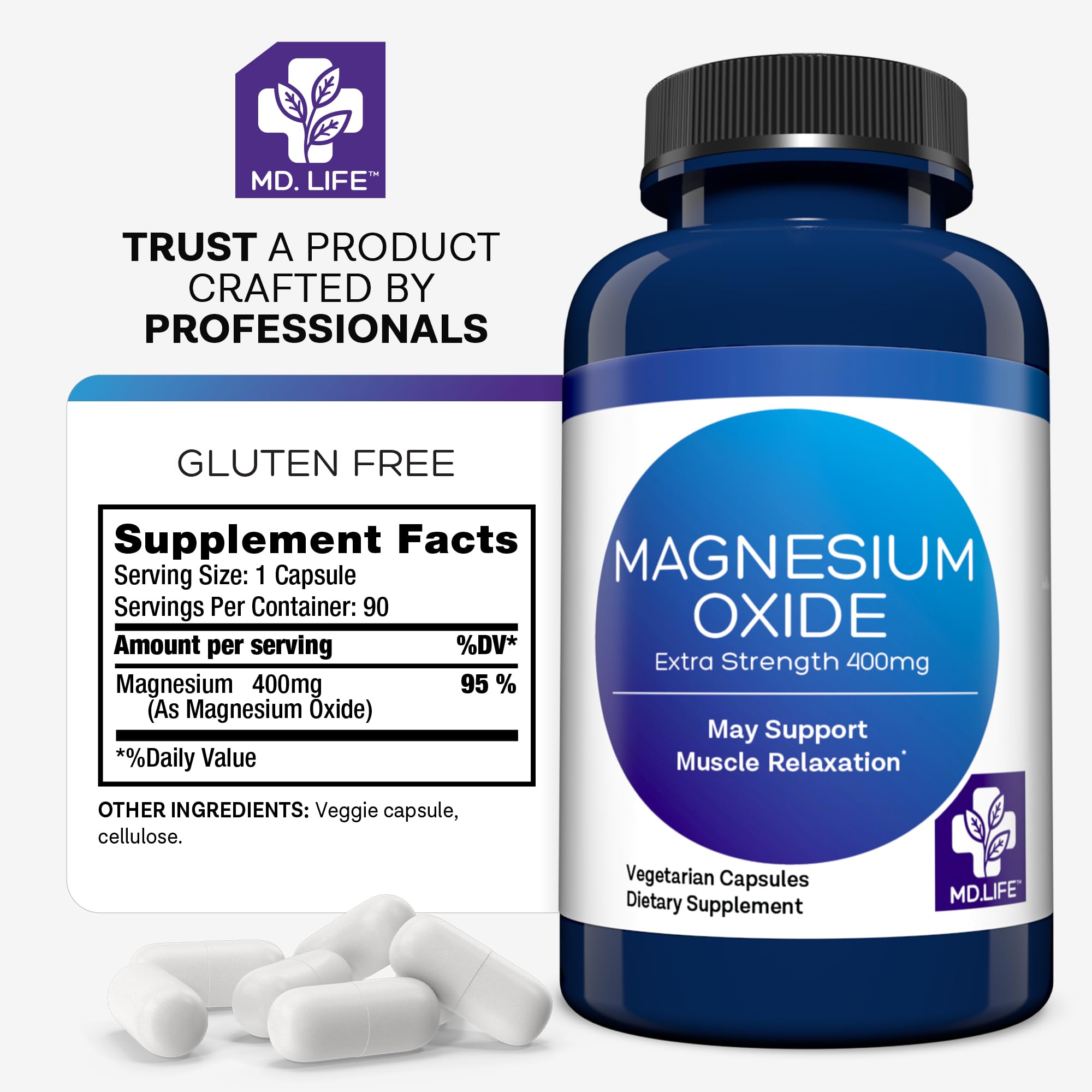 MD.LIFE Magnesium Oxide Supplement 400mg capsules ingredients list