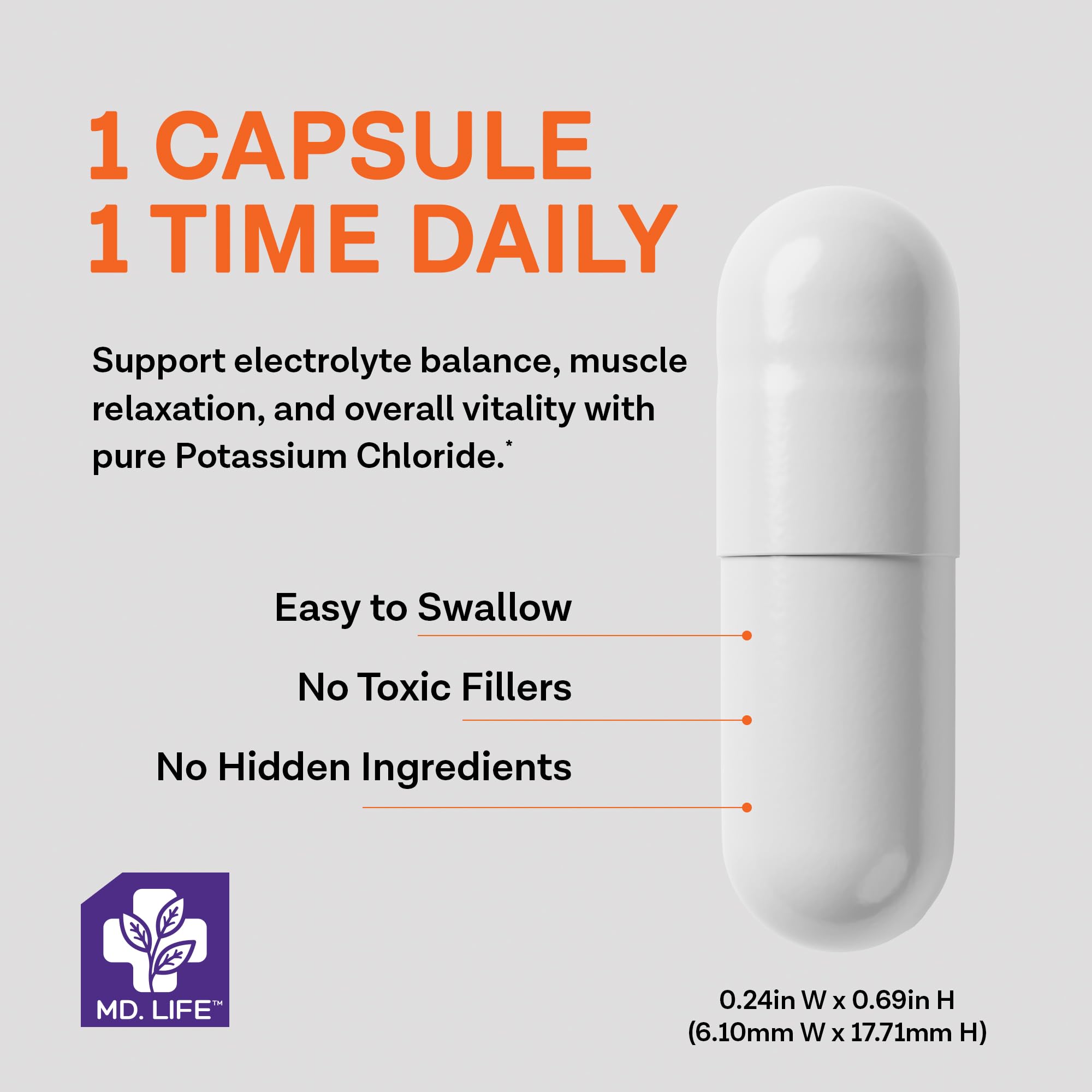 MD.LIFE Potassium Chloride Supplement 99mg caplets in bottle