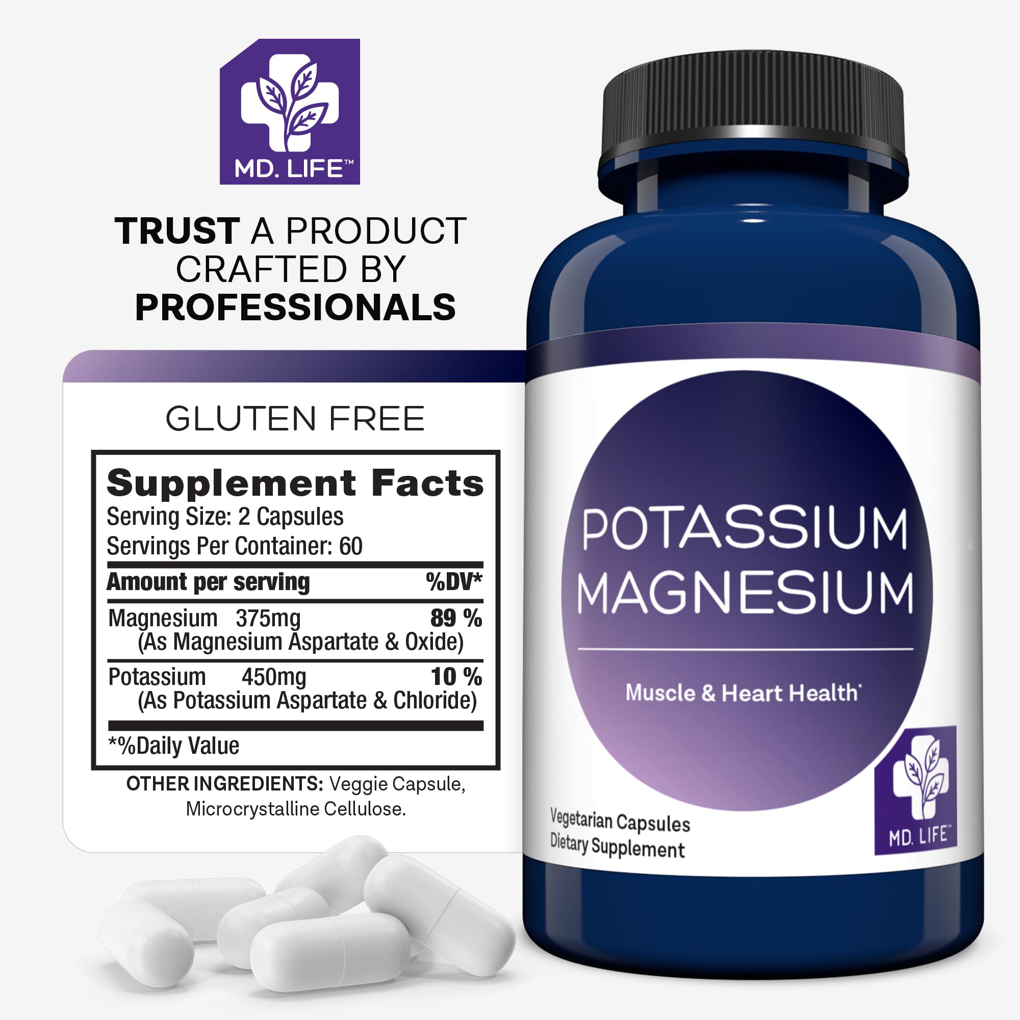MD.LIFE Potassium Magnesium Capsules on a kitchen counter