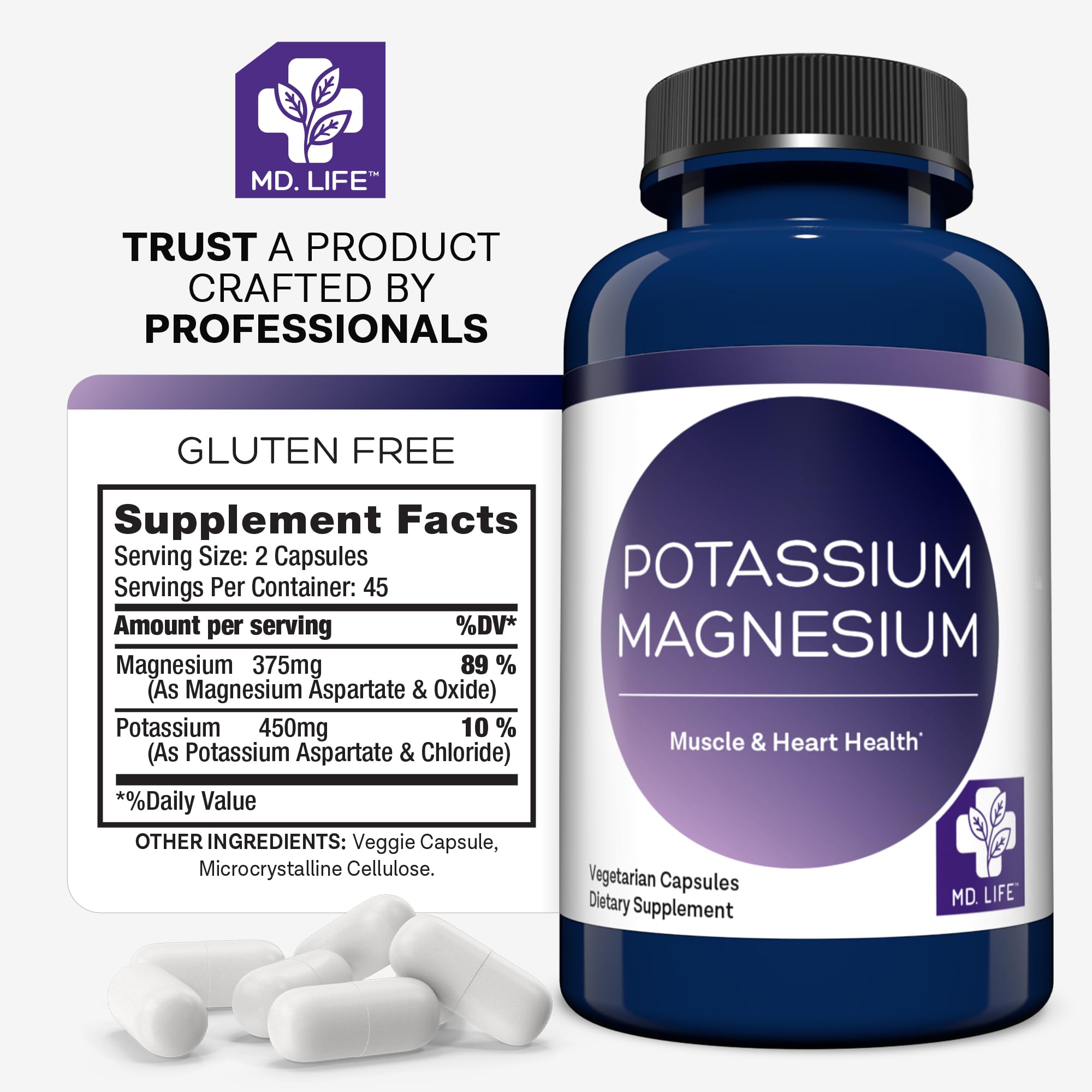 MD.LIFE Potassium Magnesium Supplement bottle on a table