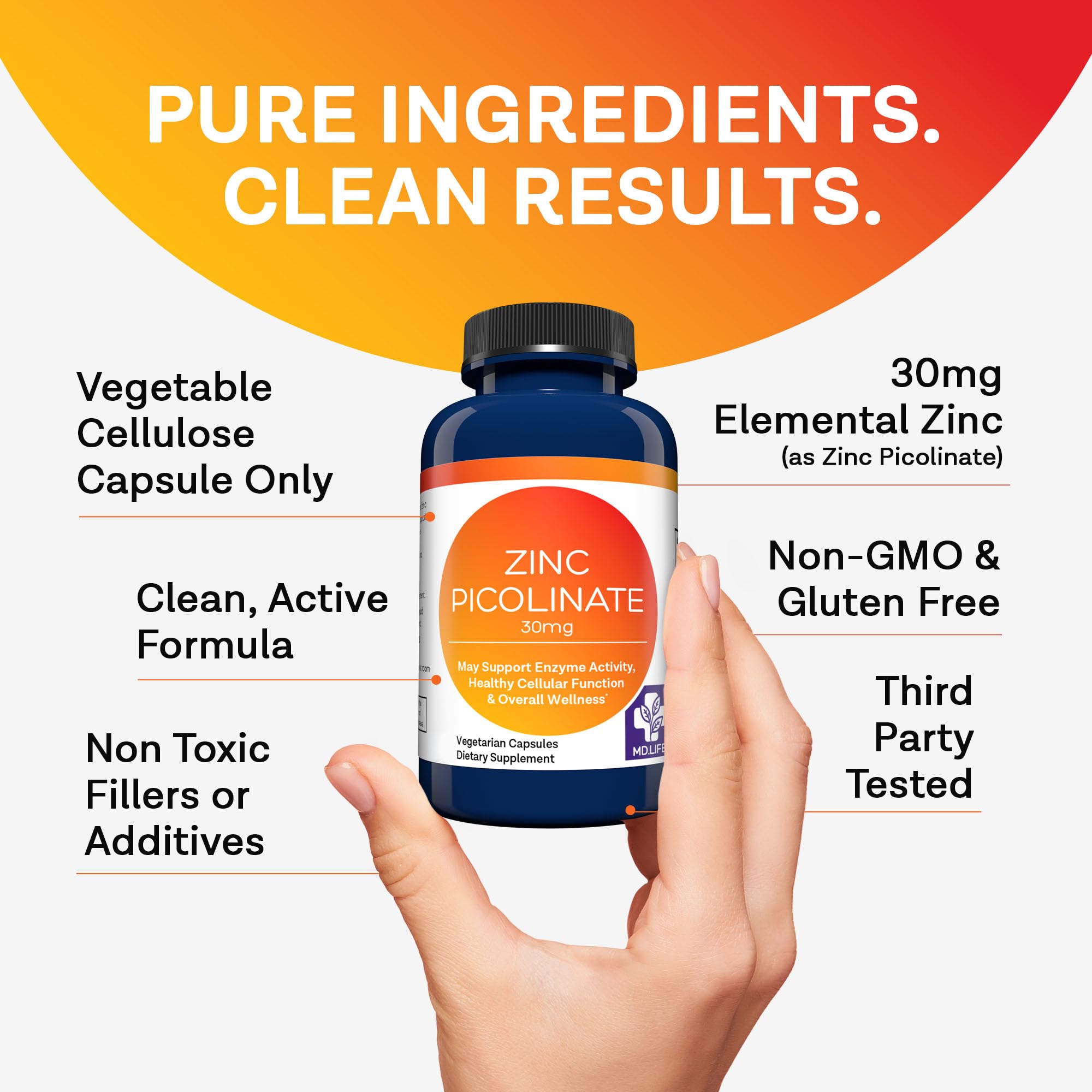 MD.LIFE Zinc Picolinate Capsules 30mg bottle with cap