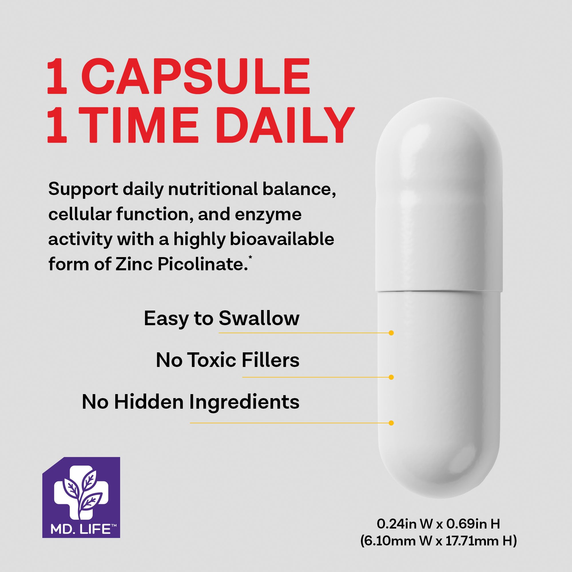 MD.LIFE Zinc Picolinate Capsules 30mg label close-up