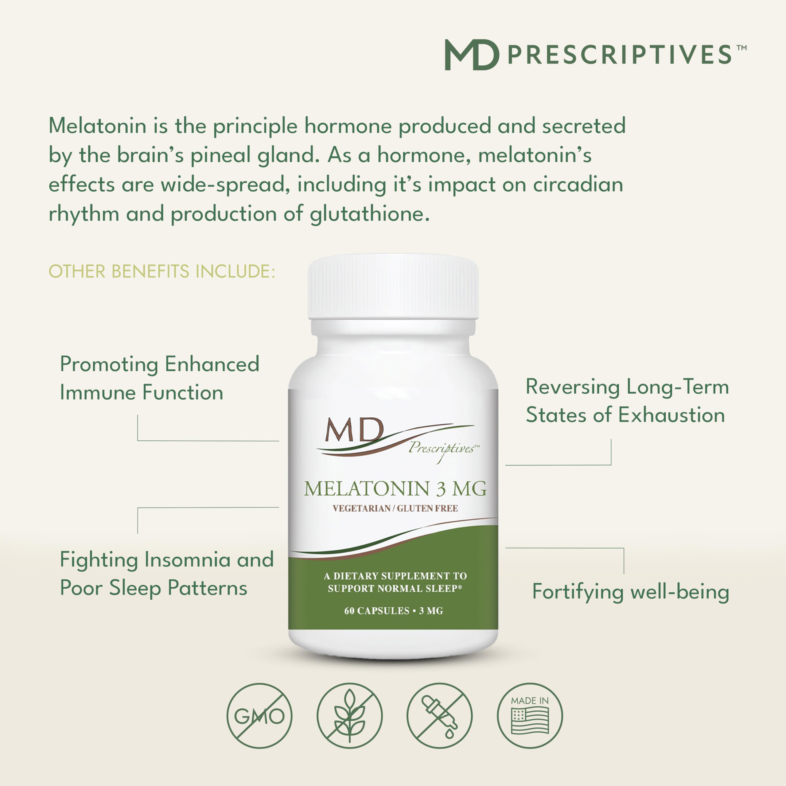 MD Prescriptives Melatonin 3mg Supplement with a soft background