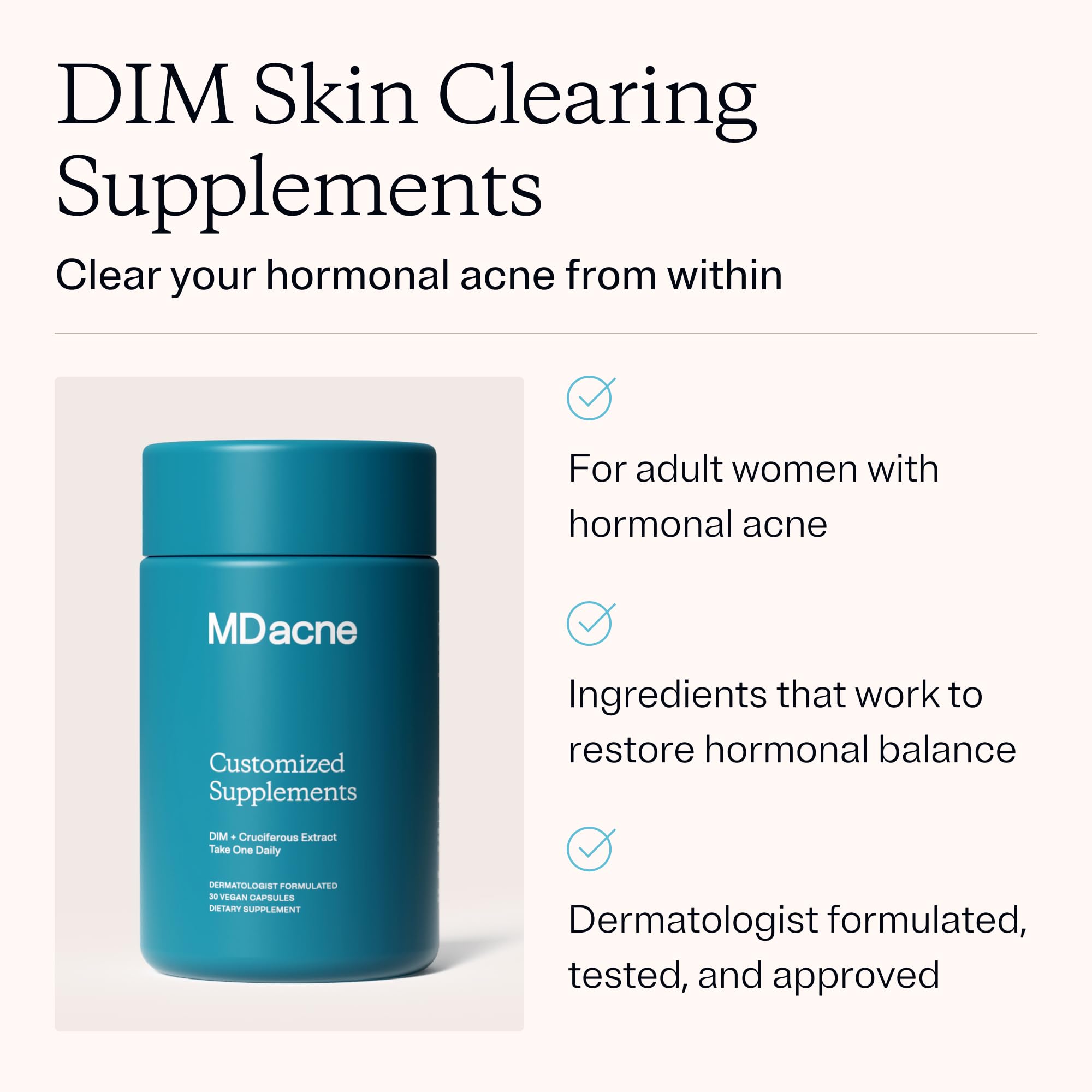 MDacne DIM Skin Clearing Supplements capsules close-up