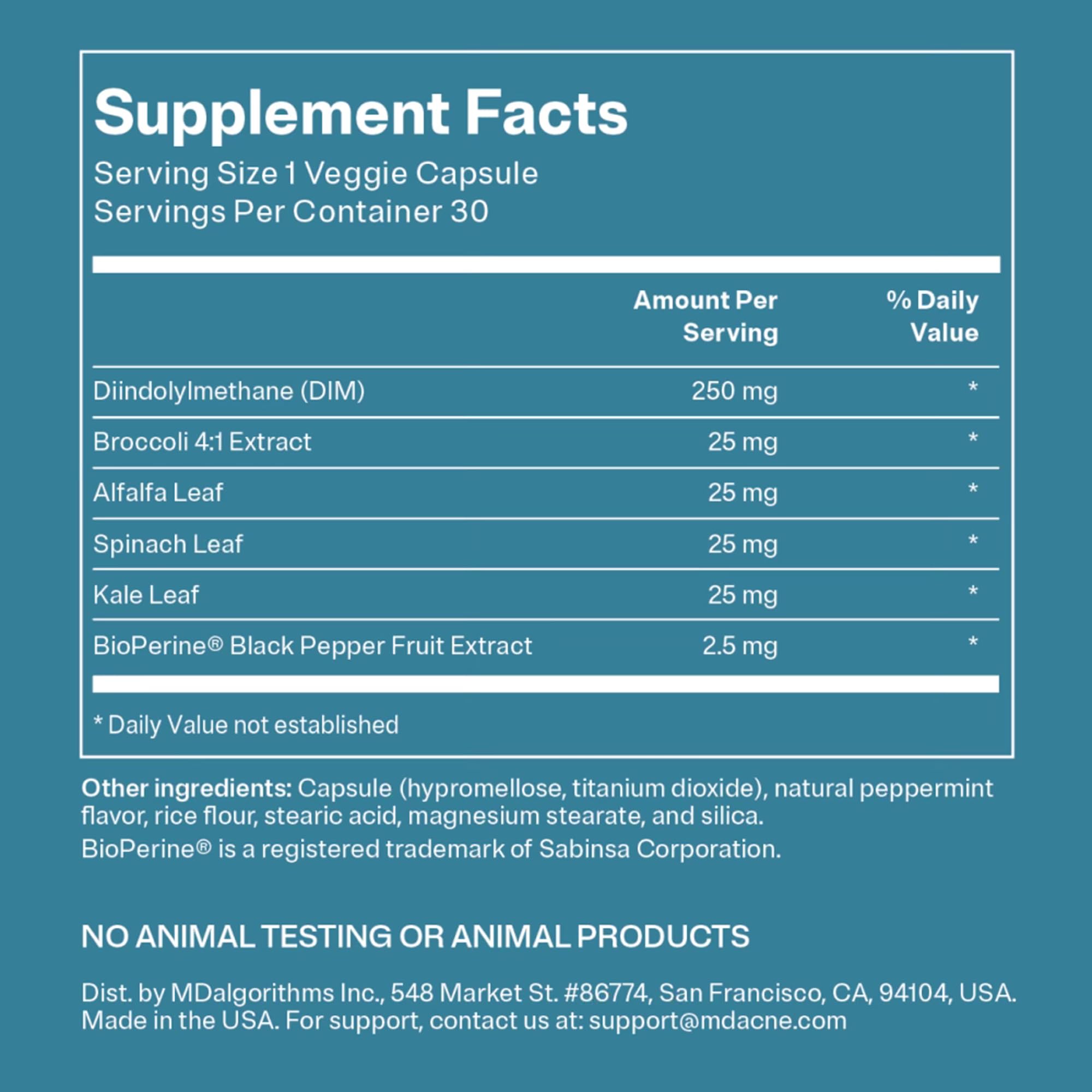 MDacne DIM Skin Clearing Supplements packaging with capsules