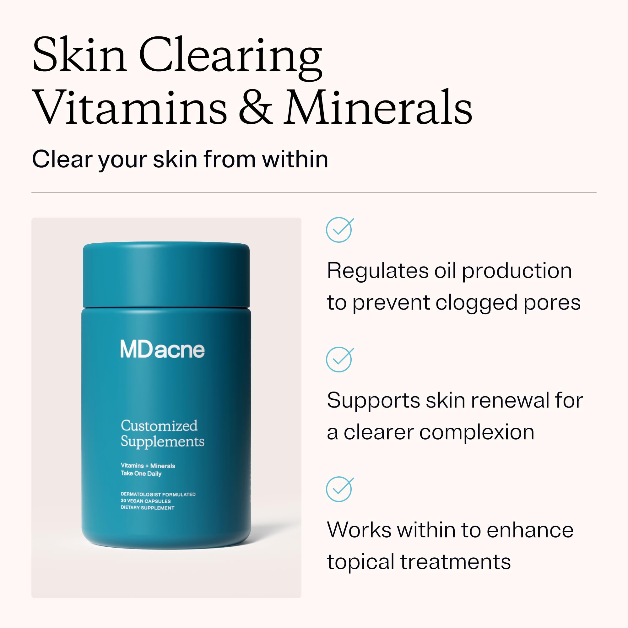 MDacne Skin Clearing Vitamins & Minerals bottle side view