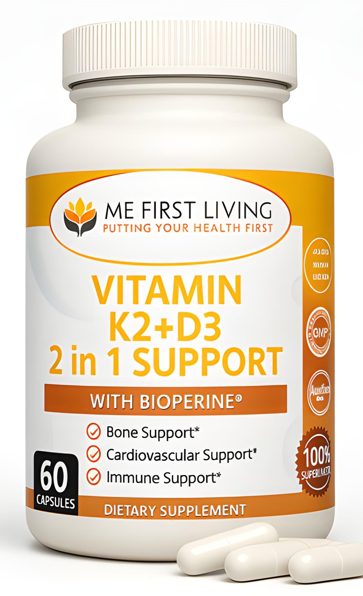 Me First Living K2 + D3 Vitamin Supplement front view