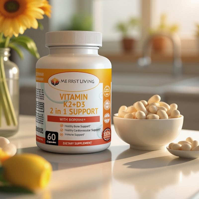 Me First Living K2 + D3 Vitamin Supplement with a measuring spoon