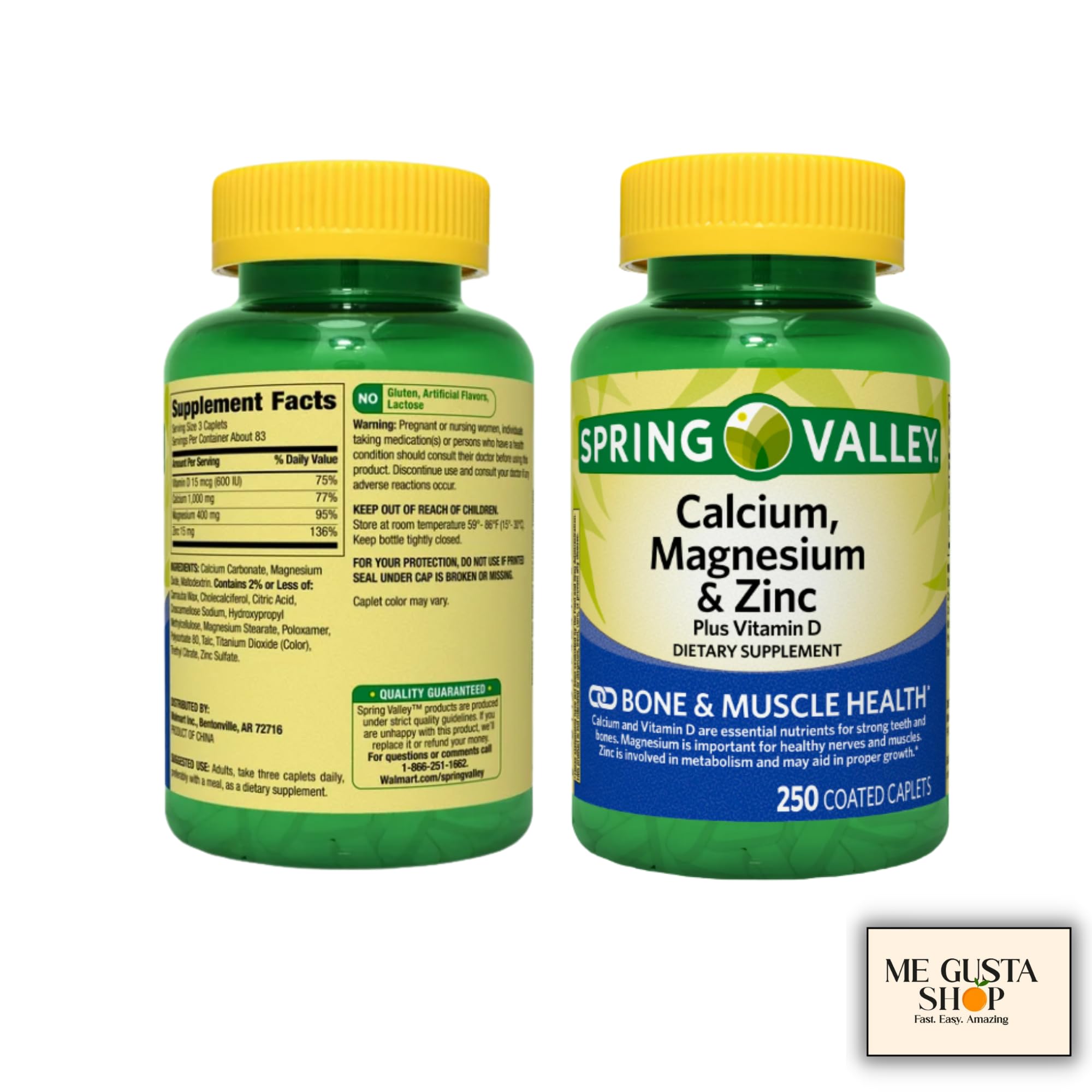 ME GUSTA SHOP Calcium, Magnesium & Zinc Plus Vitamin D3 caplets on a table