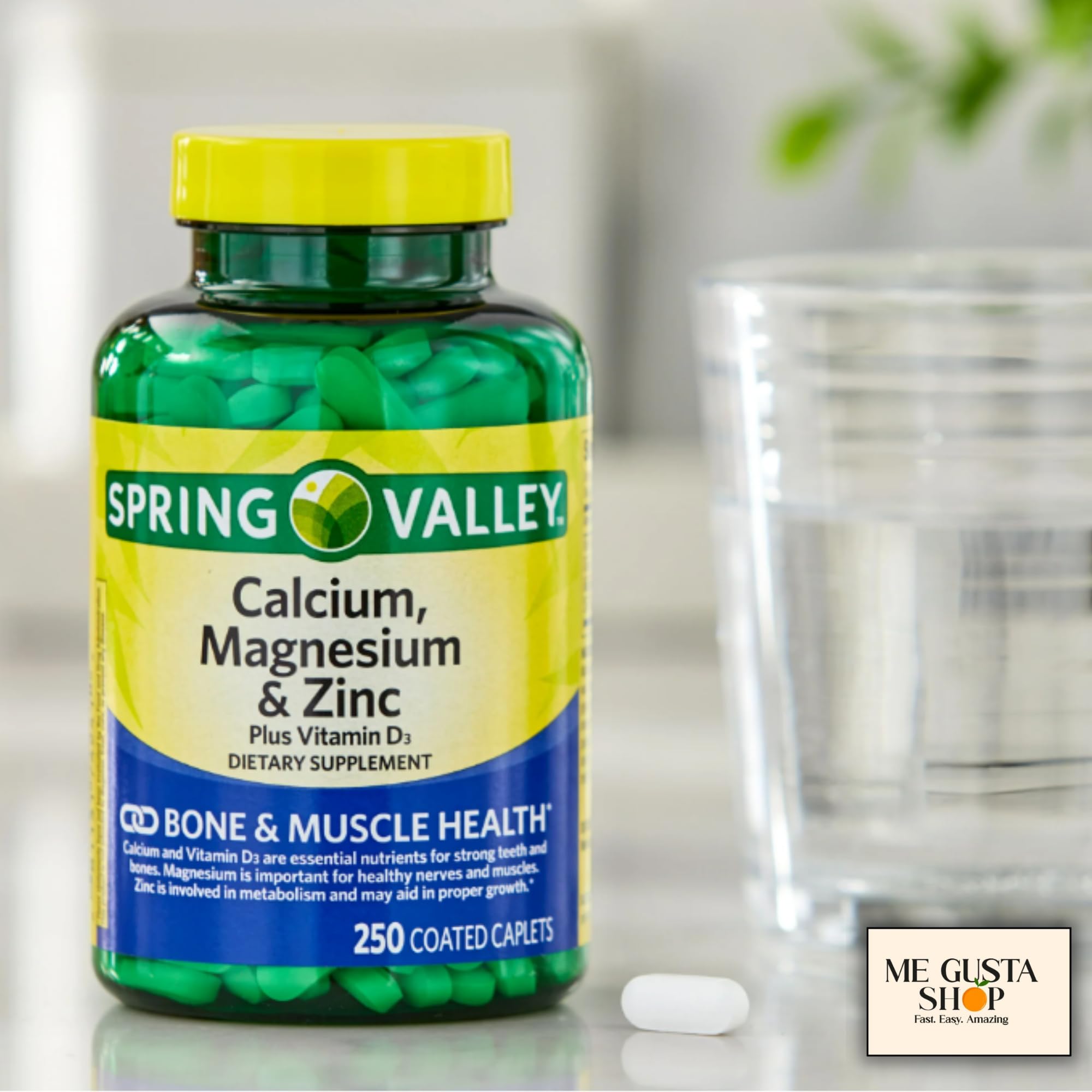 ME GUSTA SHOP Calcium, Magnesium & Zinc Plus Vitamin D3 caplets with nutritional information