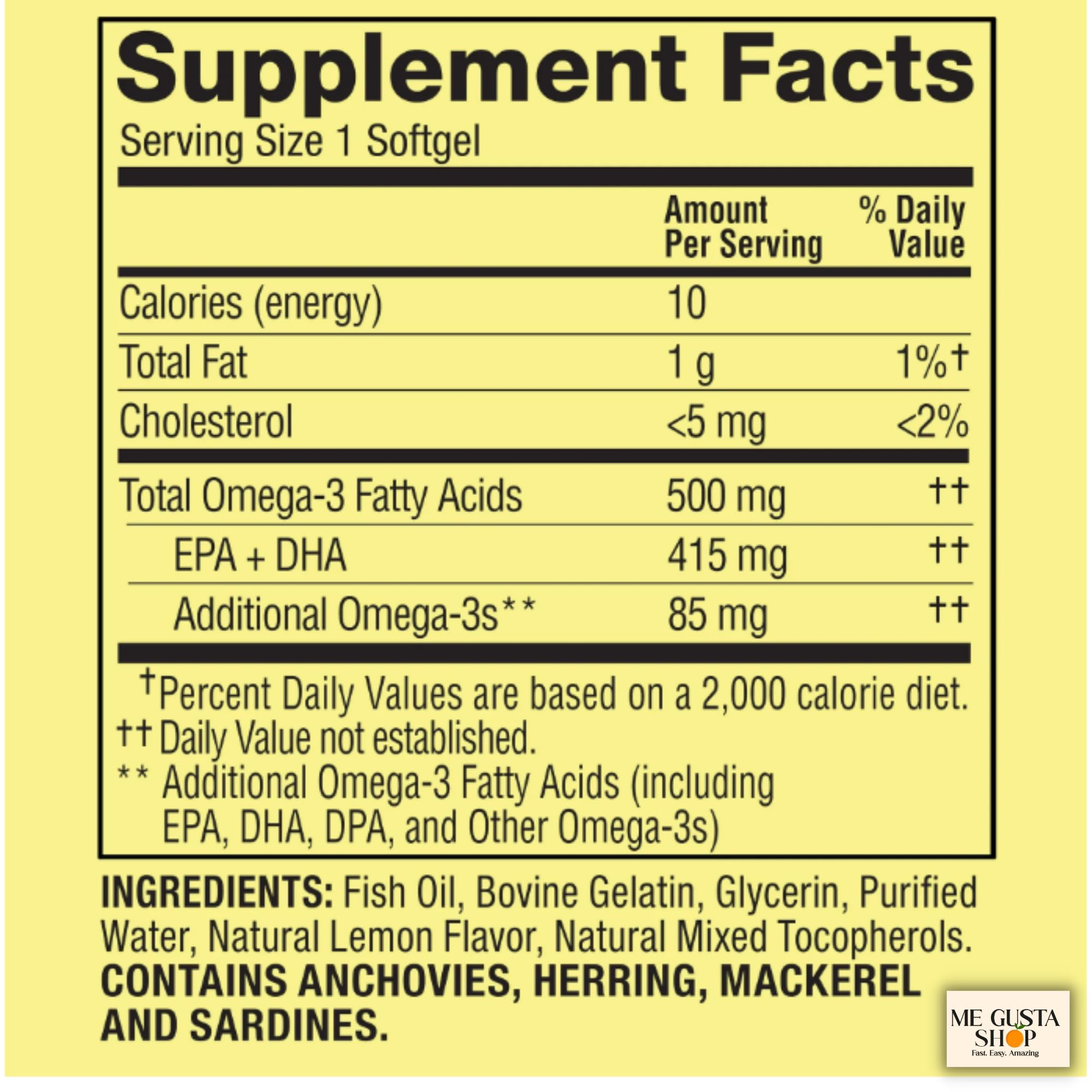 ME GUSTA SHOP Omega 3 500mg 180 Softgels back view