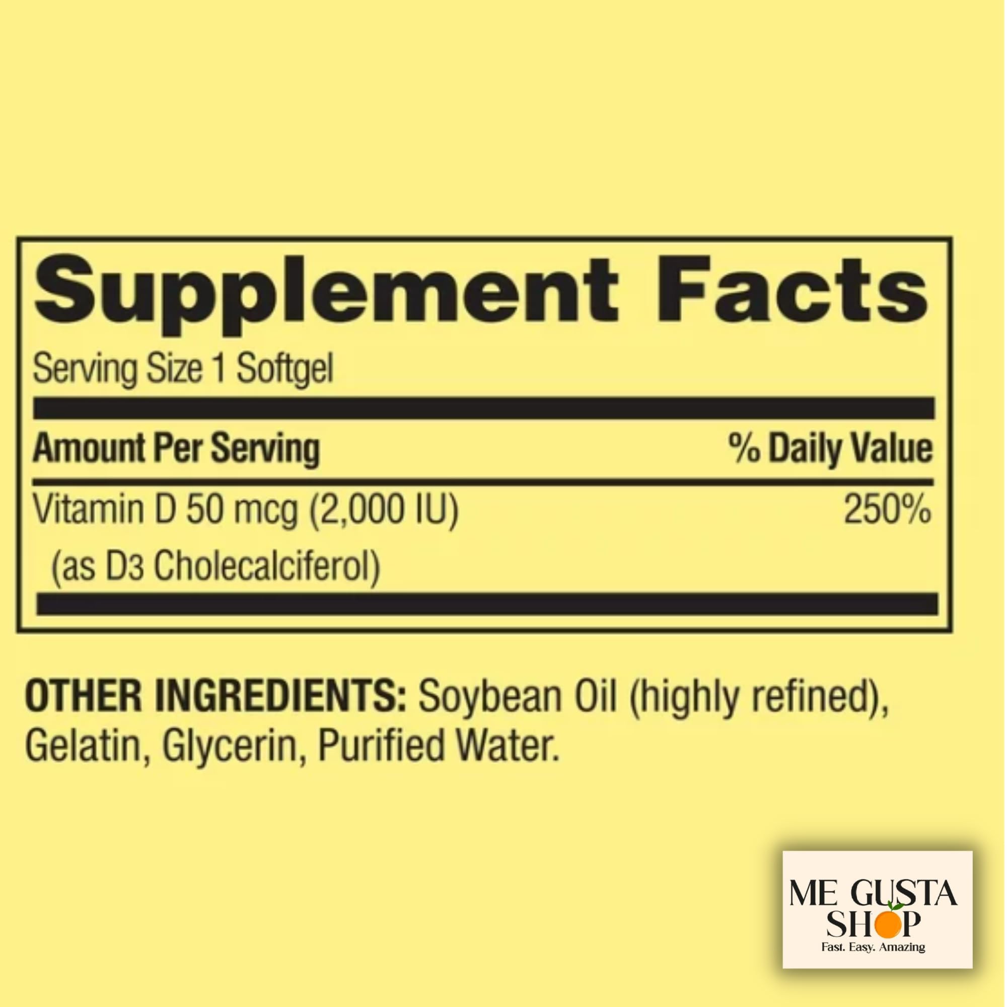 ME GUSTA SHOP Vitamin D Supplement Softgels packaging