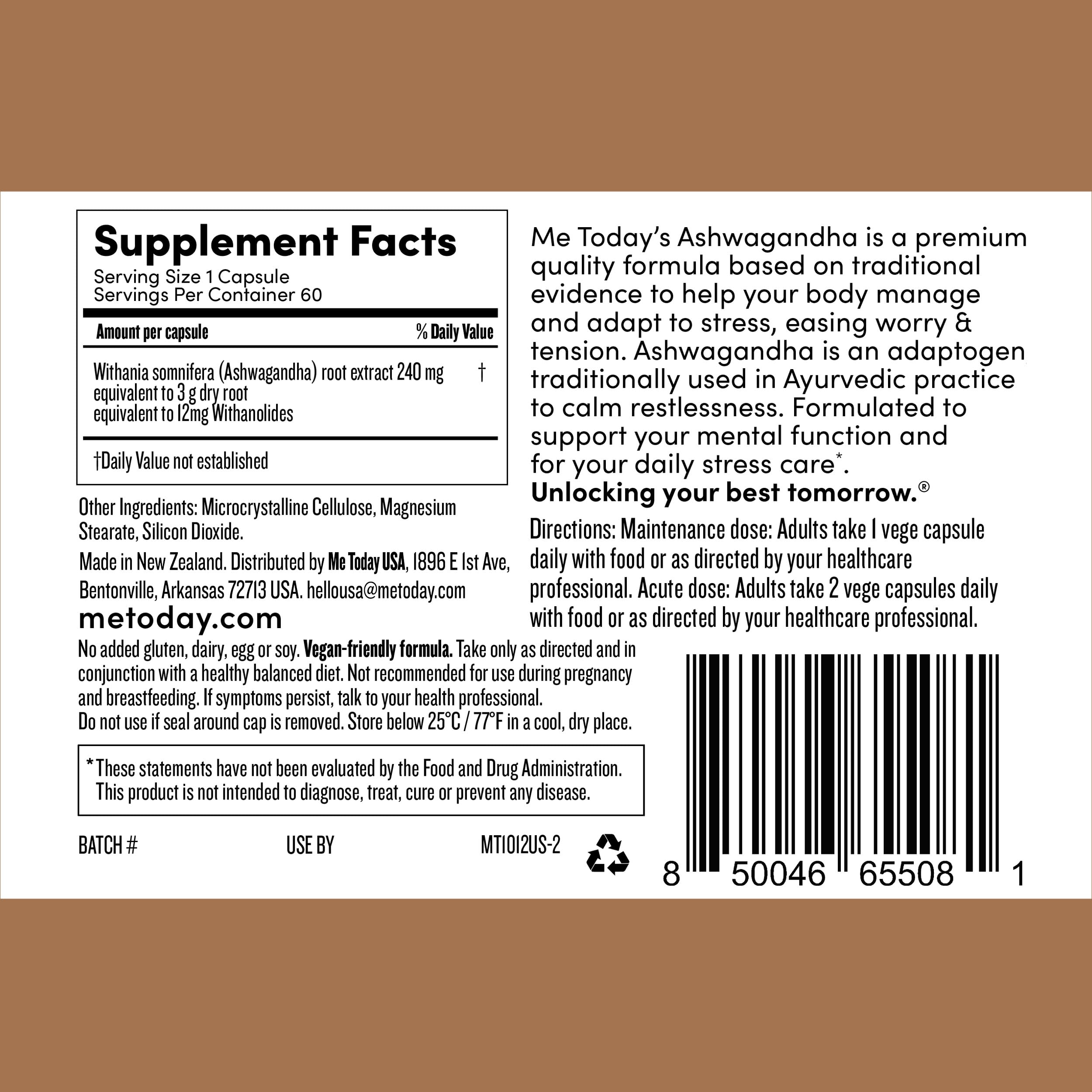 me today Ashwagandha capsules with dosage information
