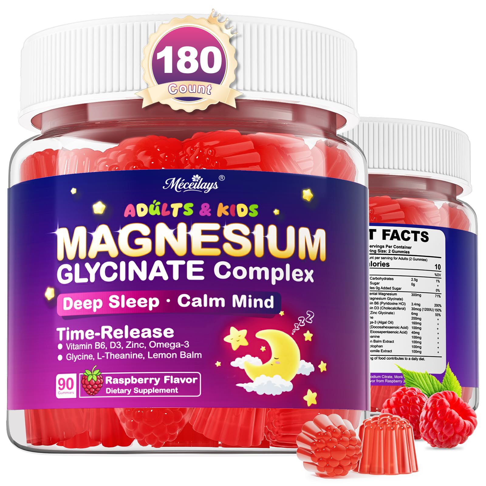 Meceilays Magnesium Glycinate Gummies front view, raspberry flavour