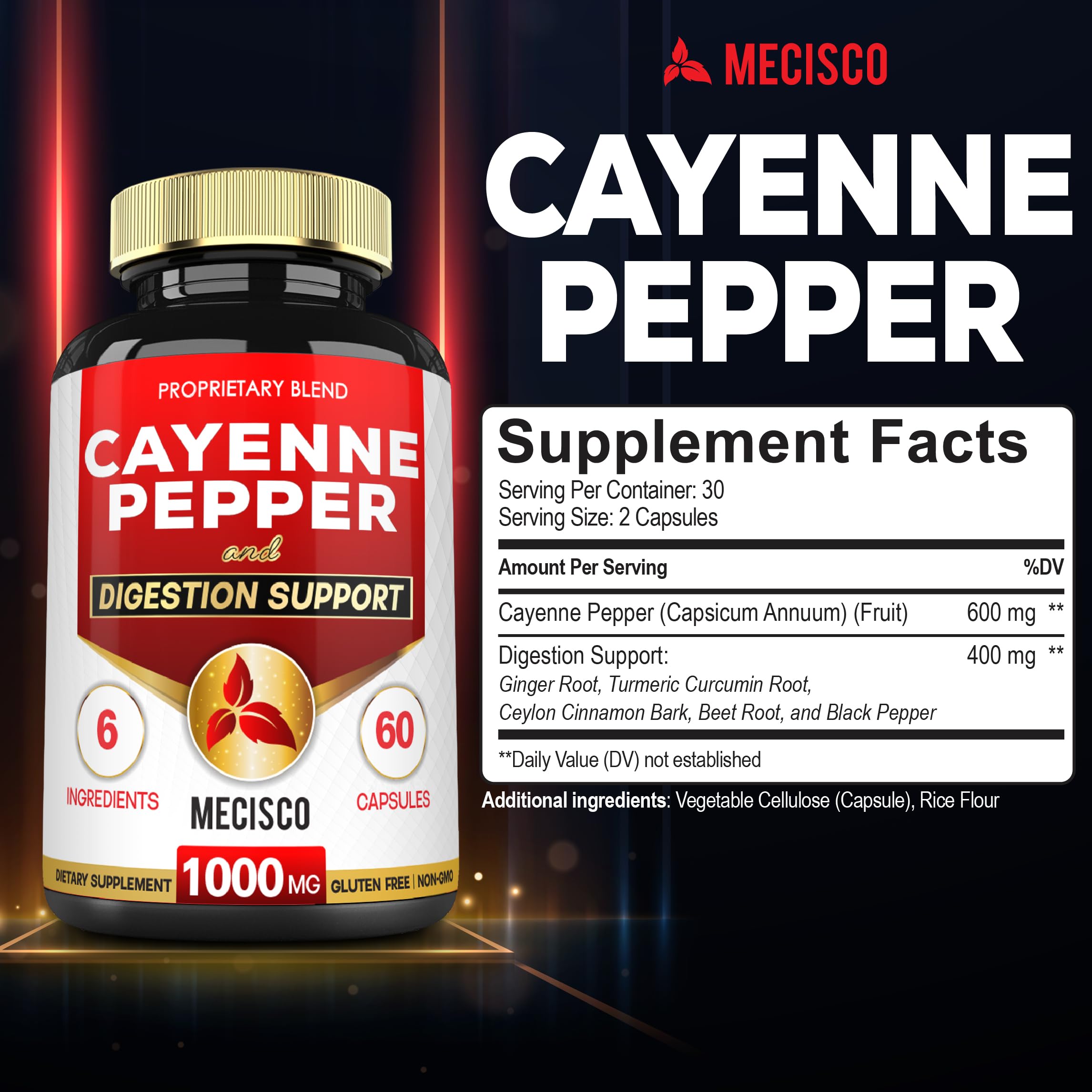 Mecisco Cayenne Pepper Supplement capsules close-up