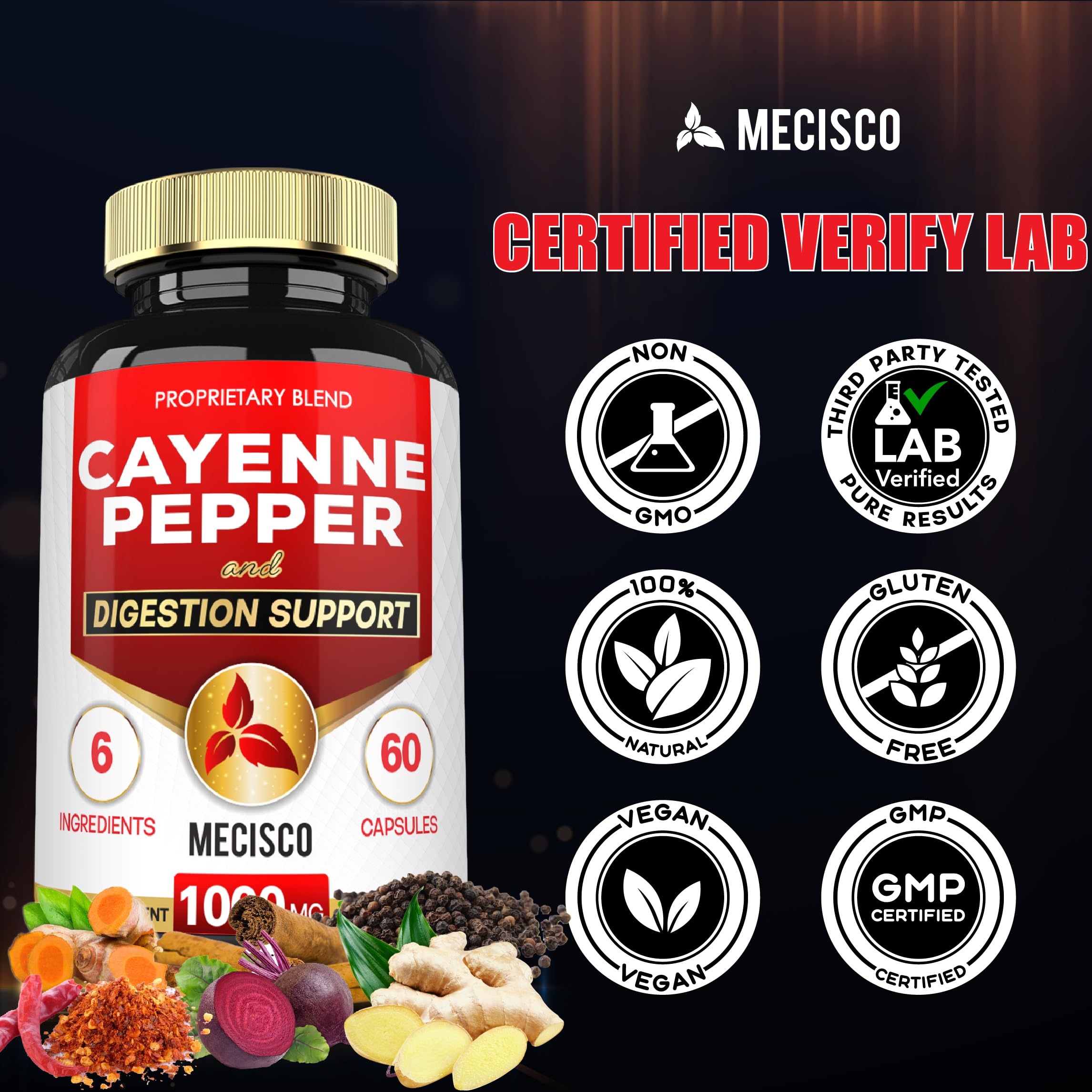 Mecisco Cayenne Pepper Supplement on a wooden table