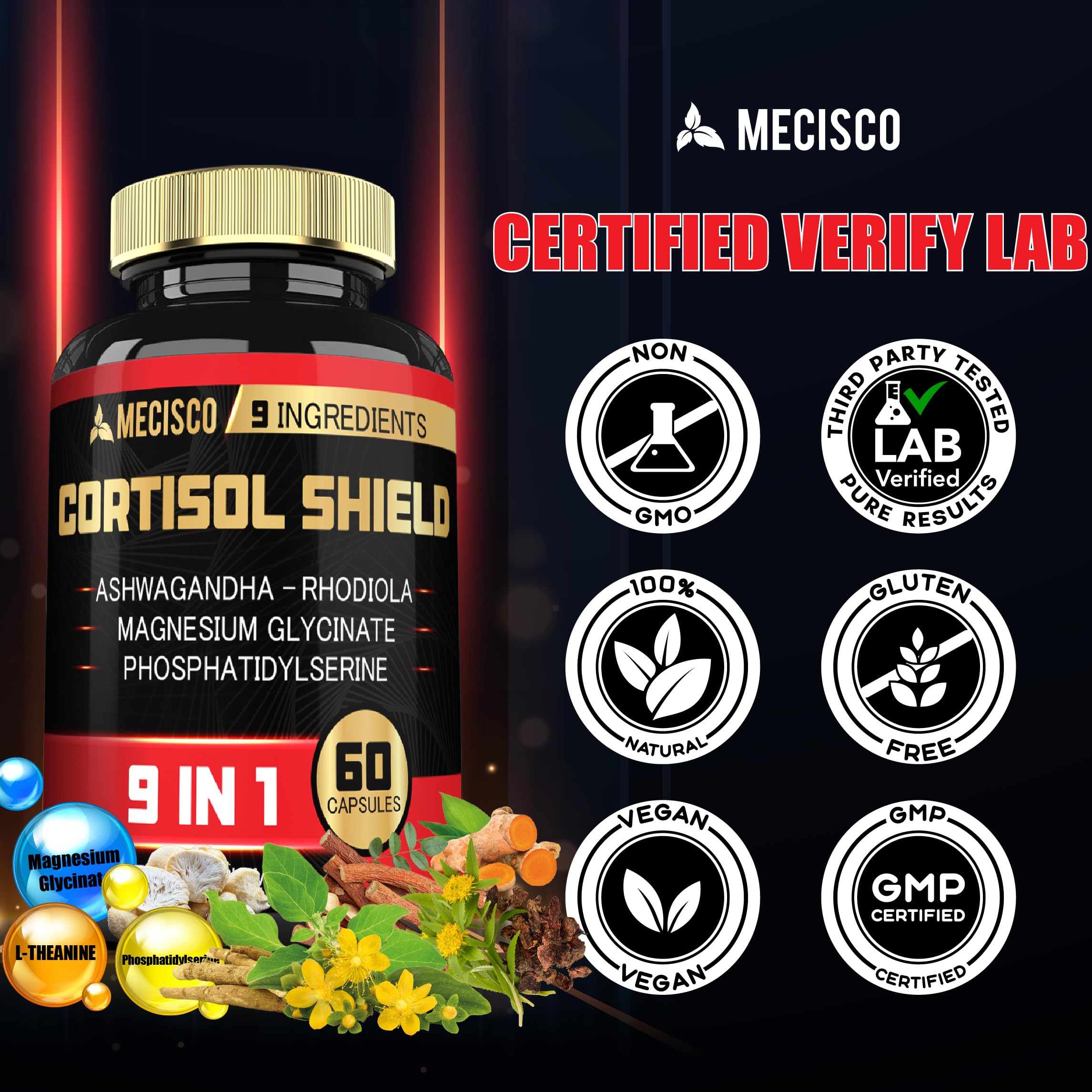 Mecisco Cortisol Shield Ashwagandha supplement bottle with a measuring spoon