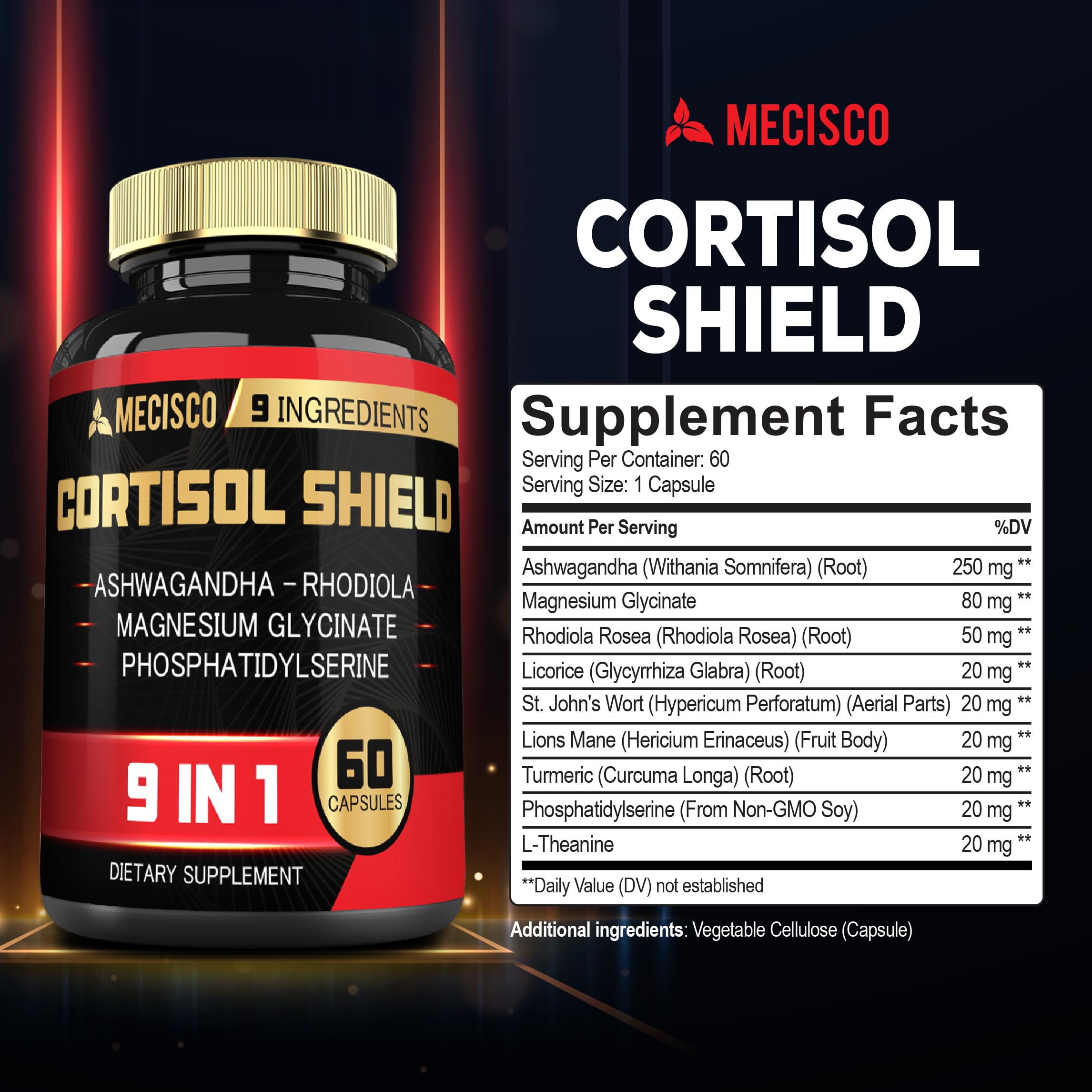 Mecisco Cortisol Shield Ashwagandha supplement capsules close-up