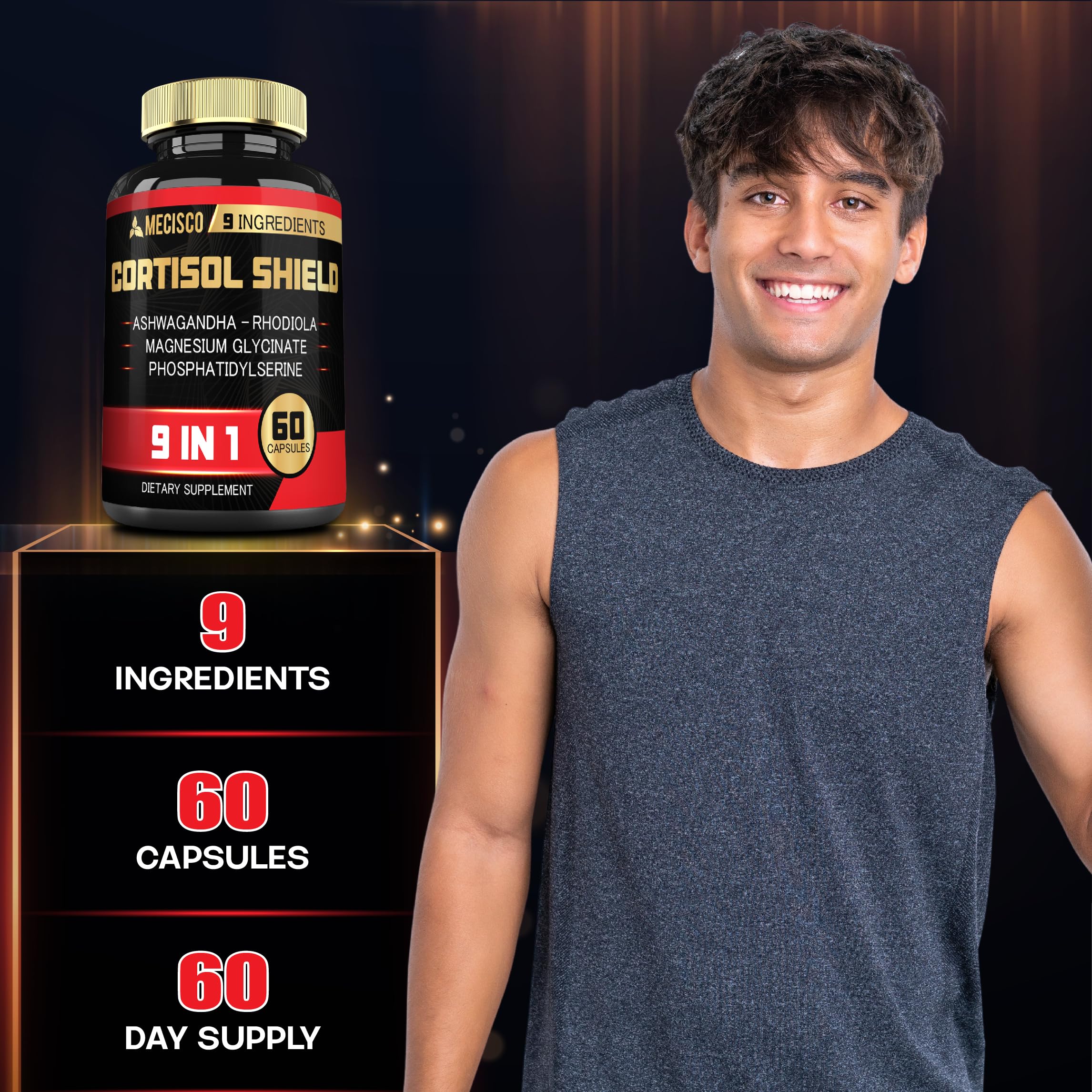 Mecisco Cortisol Shield Ashwagandha supplement capsules on a wooden table