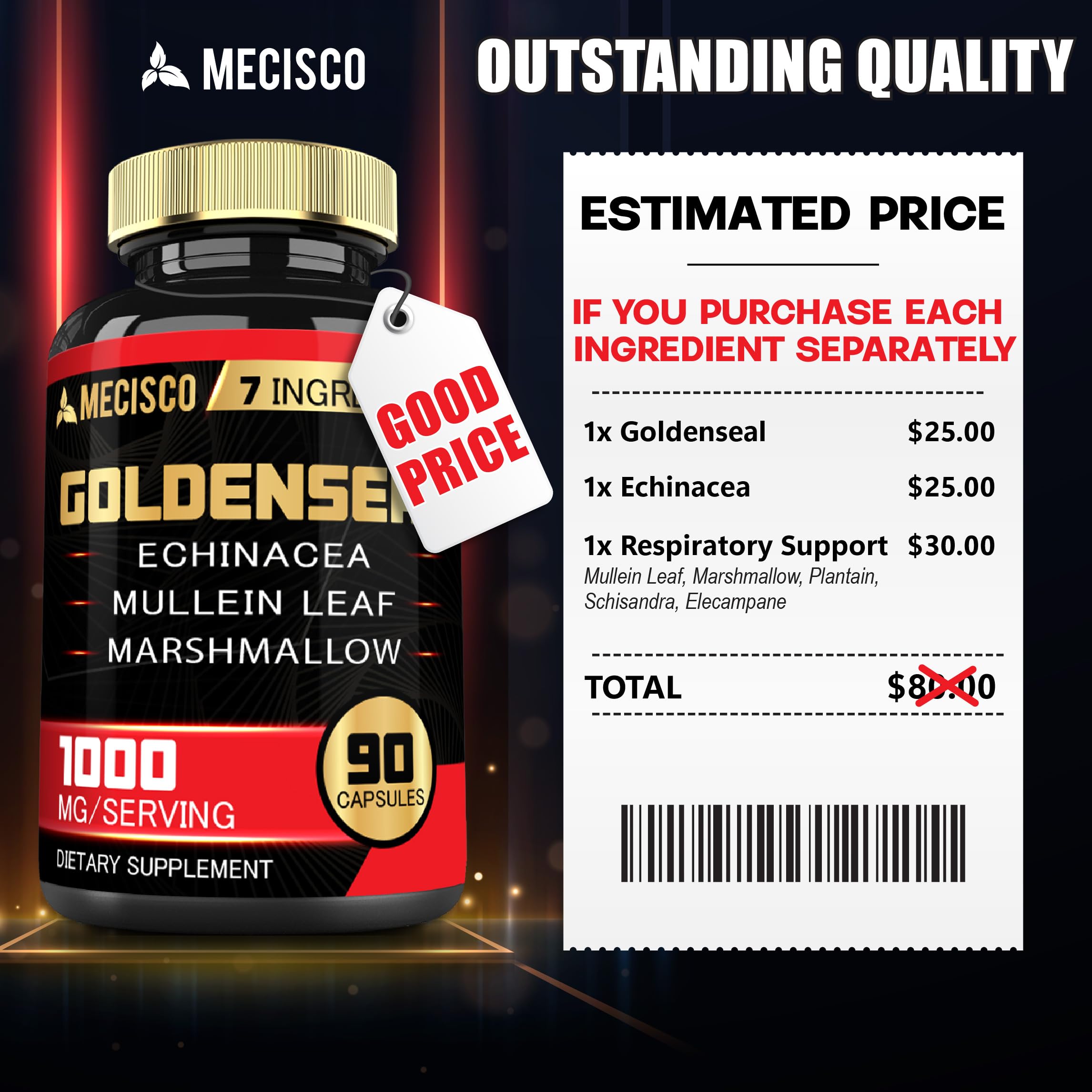 Mecisco Echinacea Goldenseal Supplement displayed with herbal plants