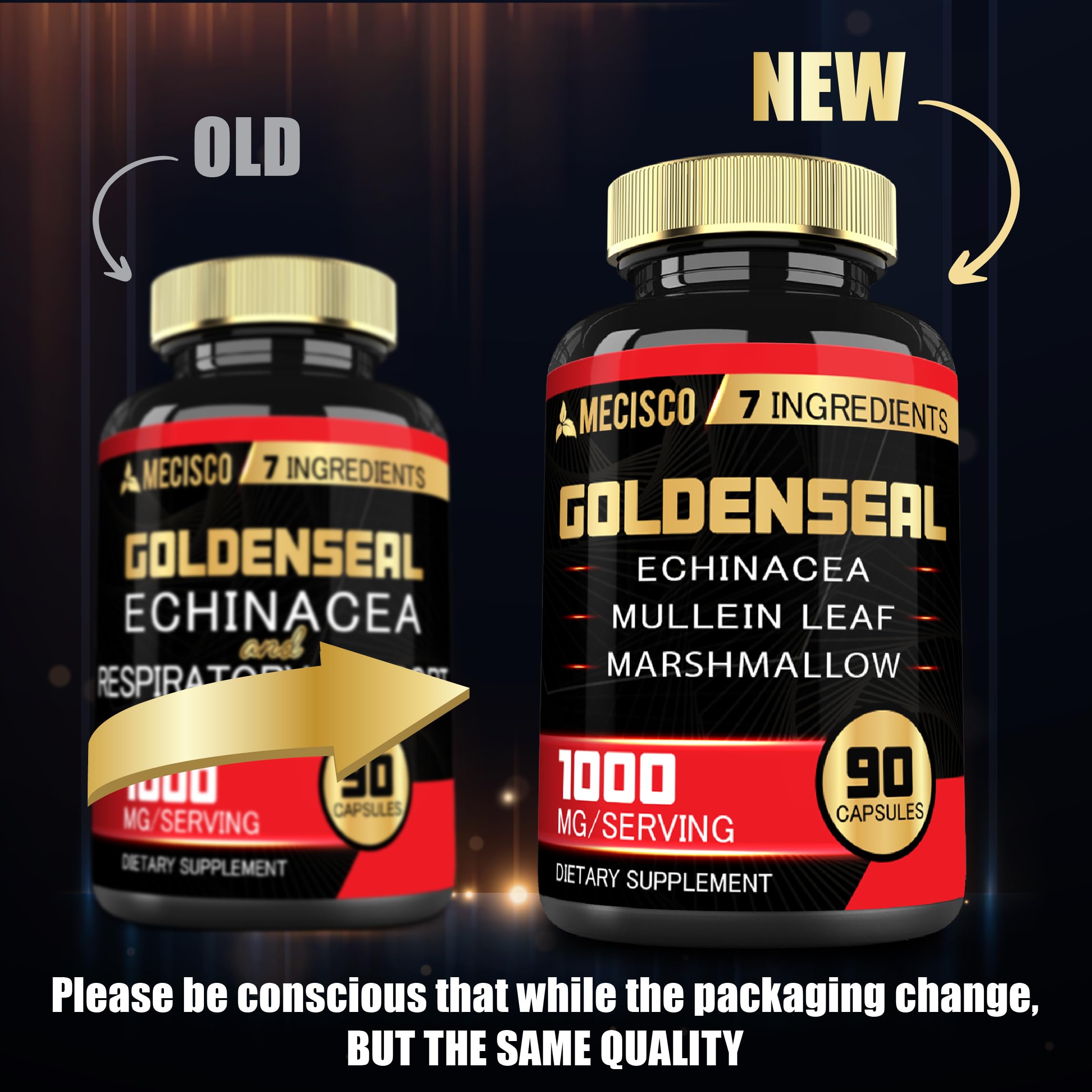 Mecisco Echinacea Goldenseal Supplement showing capsule size comparison
