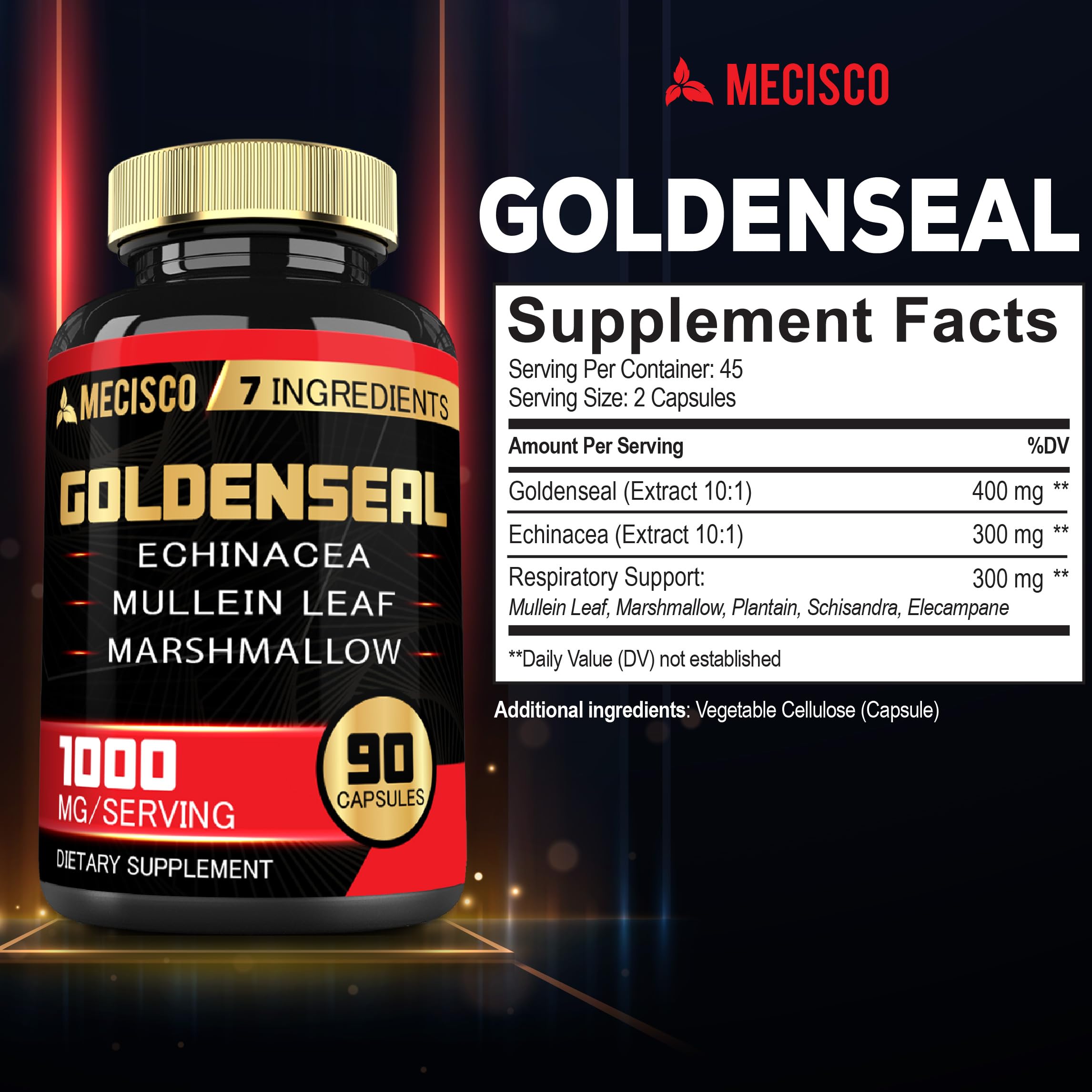 Mecisco Echinacea Goldenseal Supplement side view showing capsule details