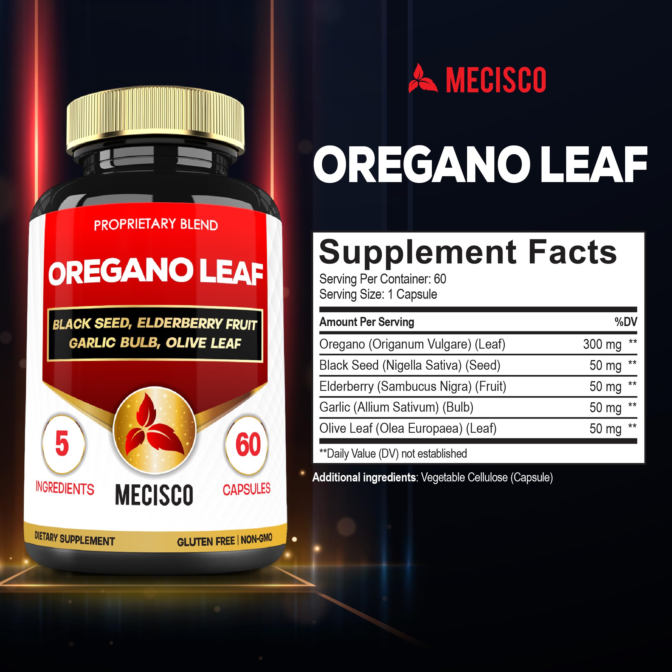 Mecisco Oregano Capsules side view showing ingredients