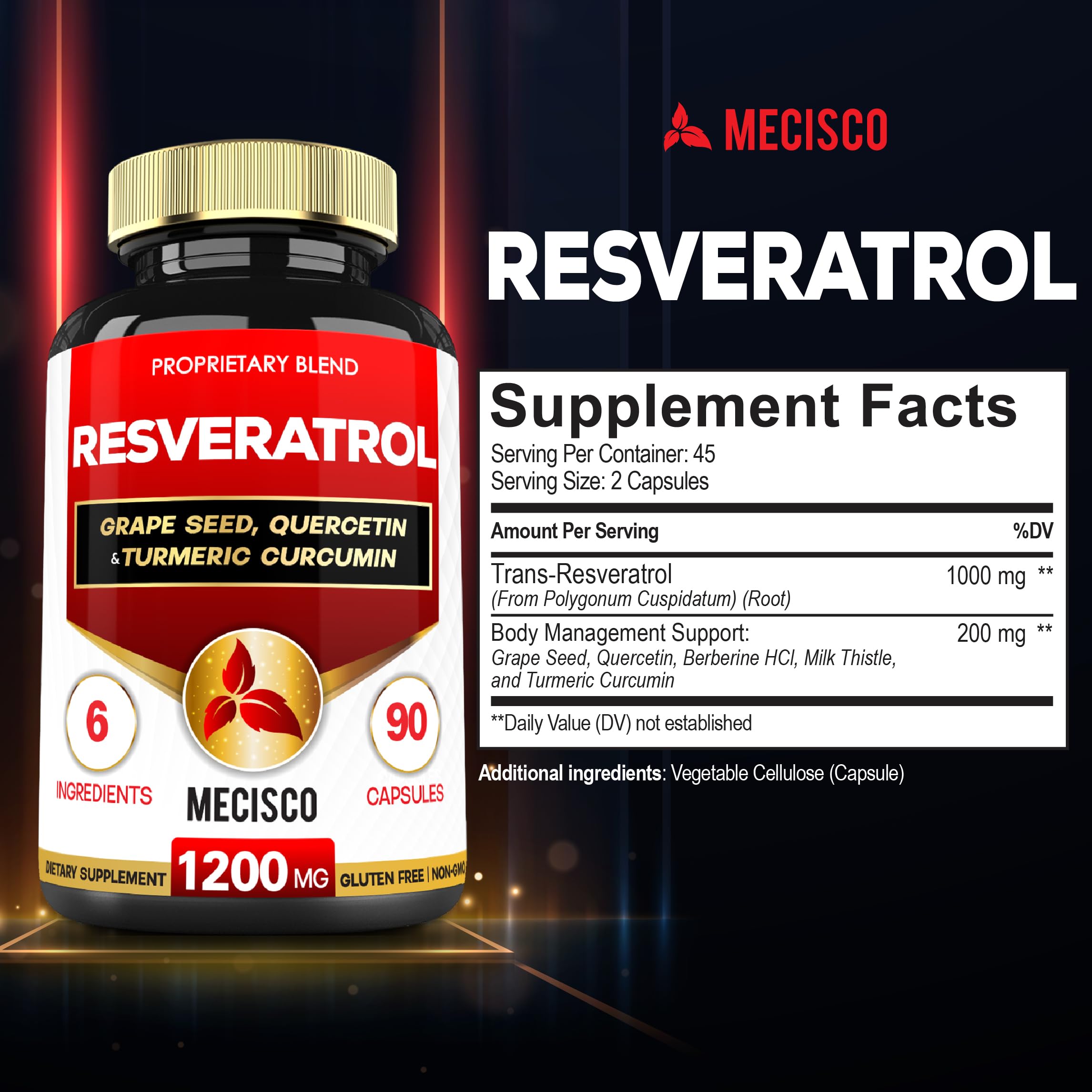 Mecisco Resveratrol 1000mg supplement capsules close-up