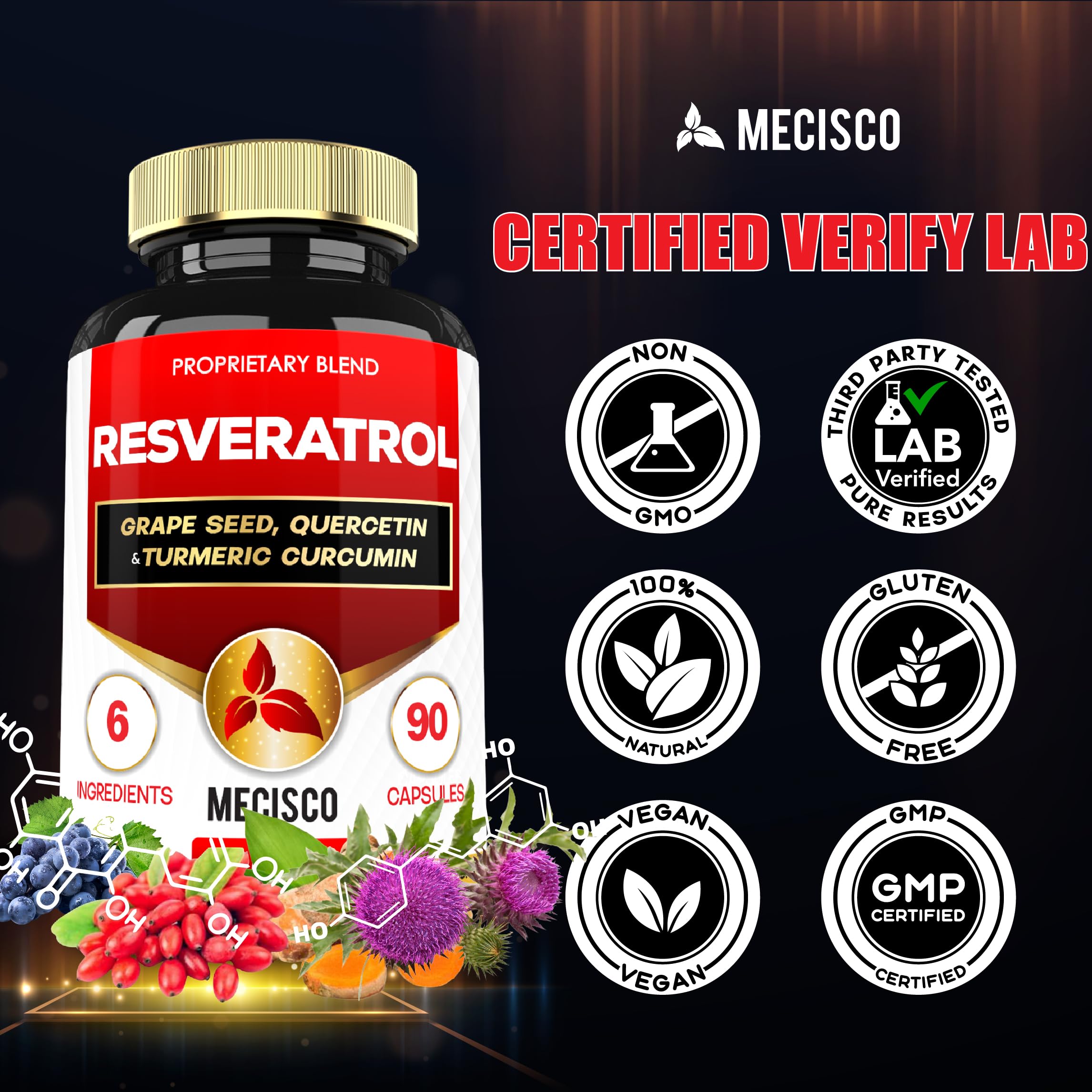 Mecisco Resveratrol supplement capsules on a wooden surface