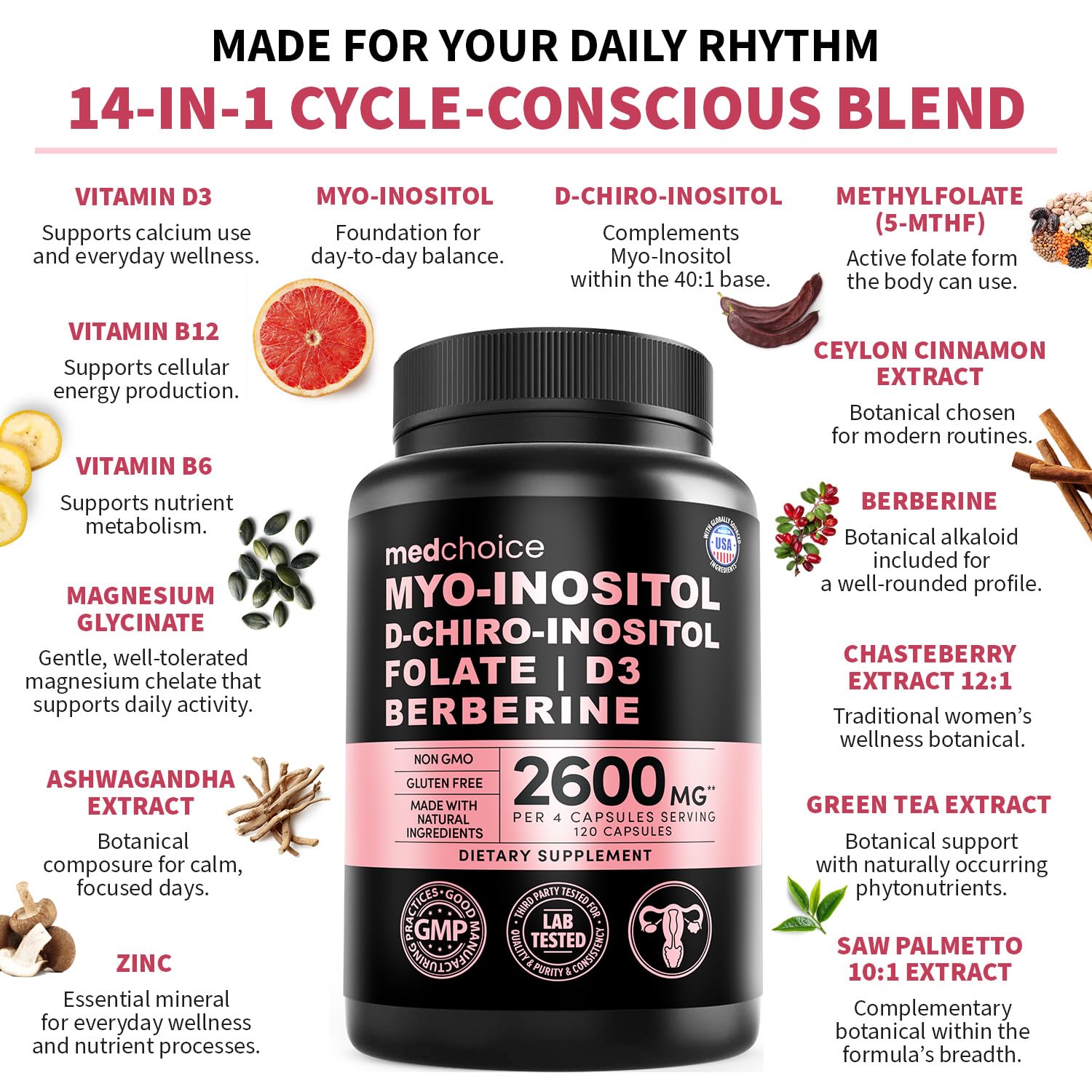 MEDCHOICE Myo Inositol Supplement capsules on a table
