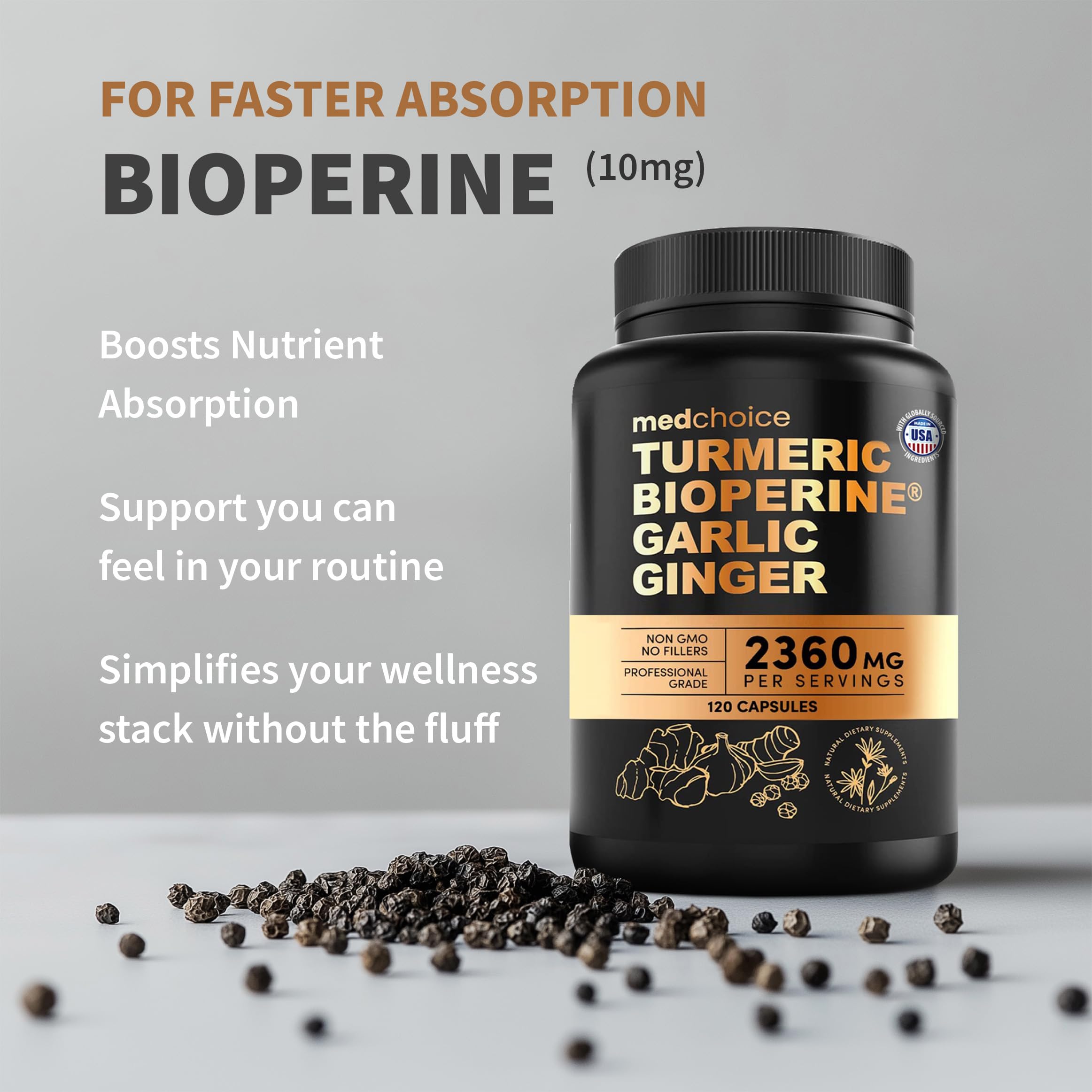 MEDCHOICE Turmeric and Ginger Supplement capsules in a bowl