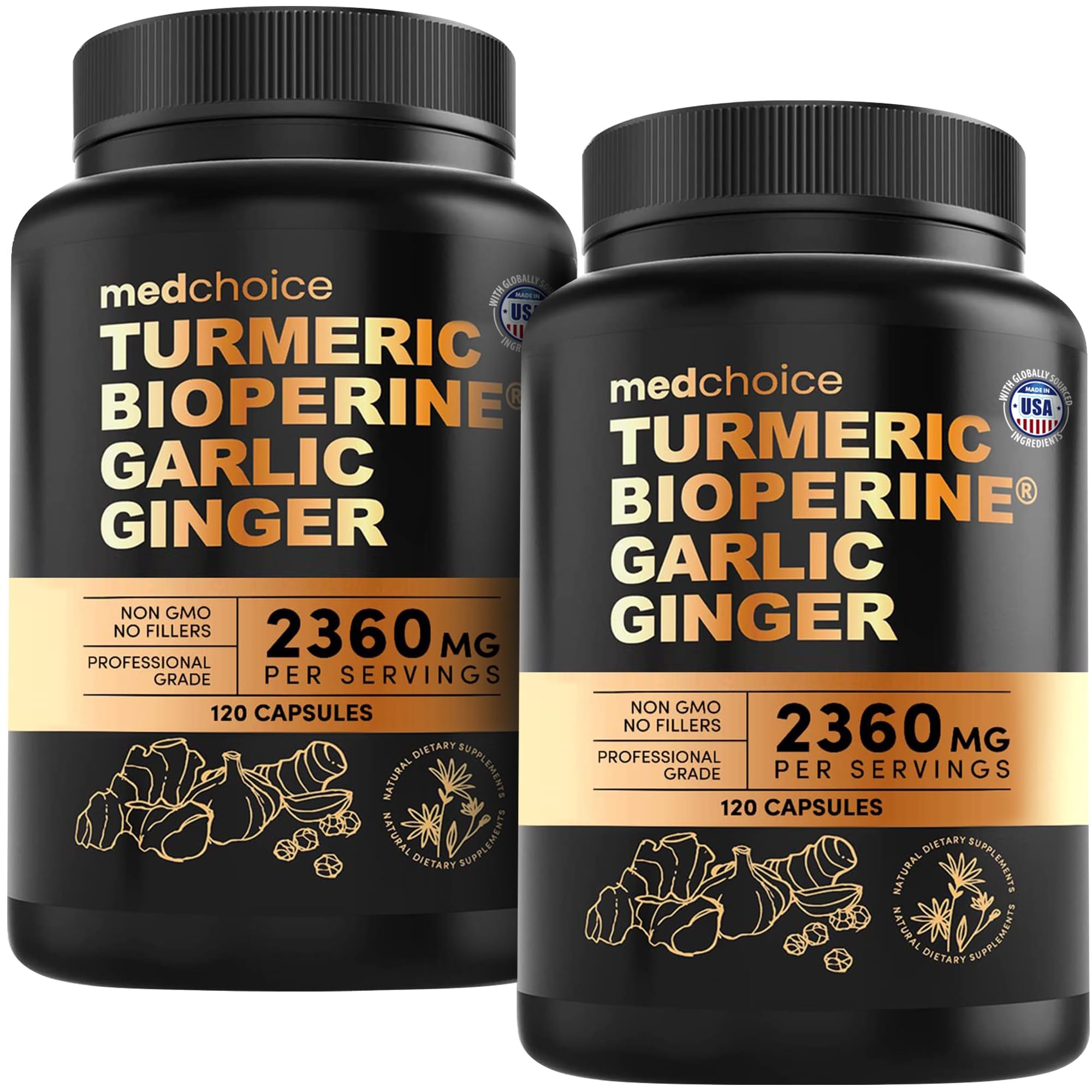MEDCHOICE Turmeric and Ginger Supplement with Garlic bottle front view
