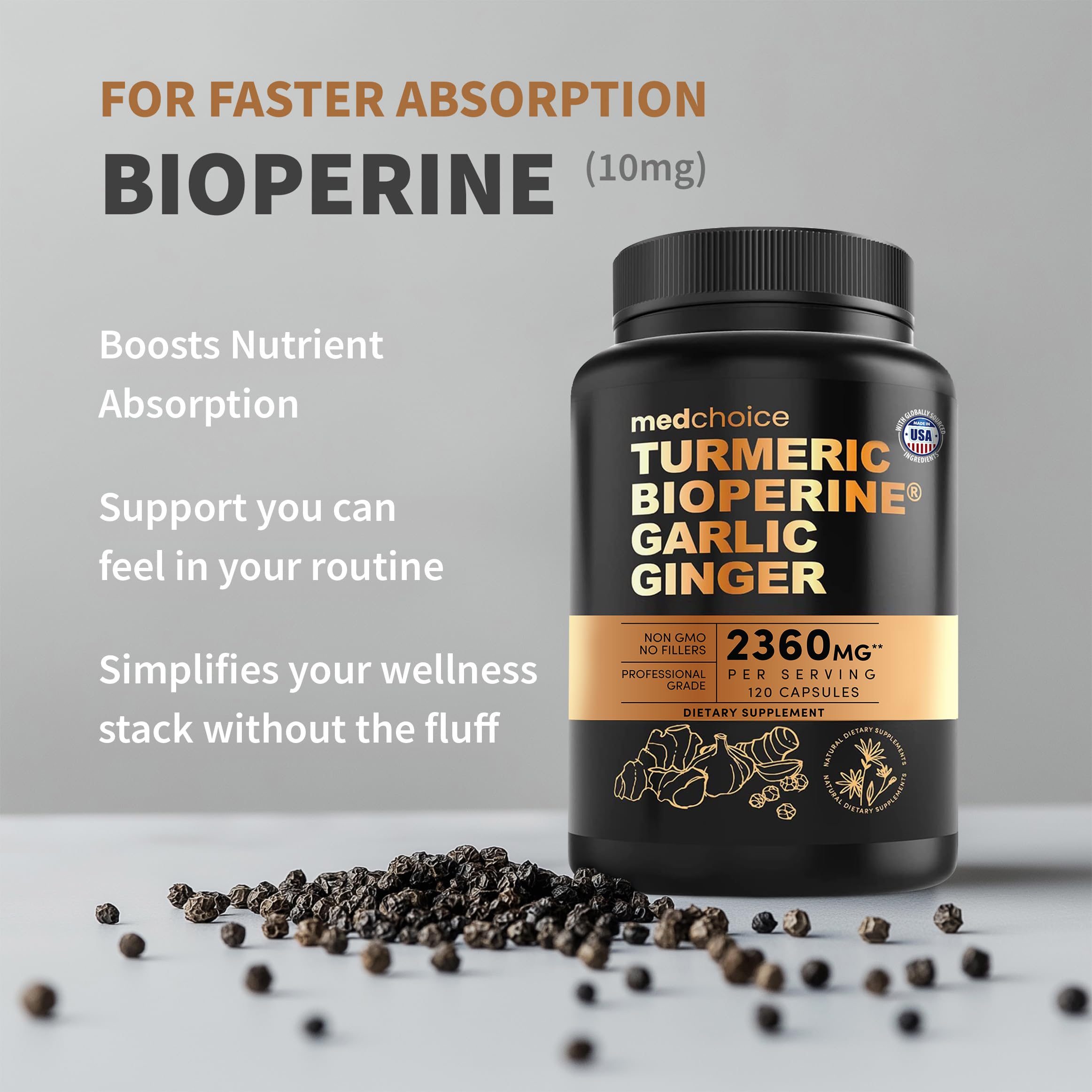 MEDCHOICE Turmeric and Ginger Supplement with Garlic capsules close-up