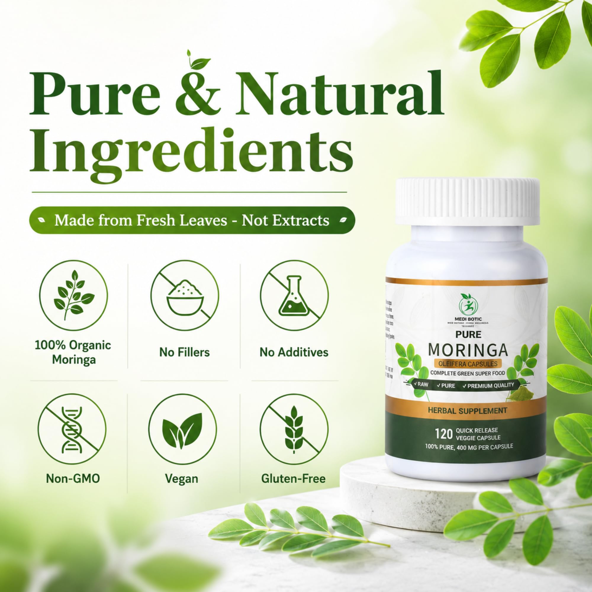 MEDI BOTIC Moringa Leaf Capsules 800mg capsules on a table