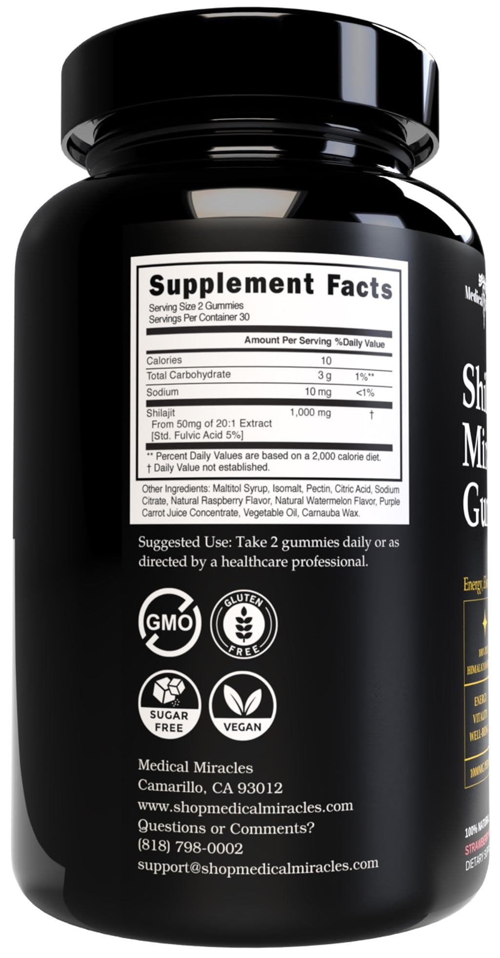 Medical Miracles Shilajit Gummies side view showing nutrition facts
