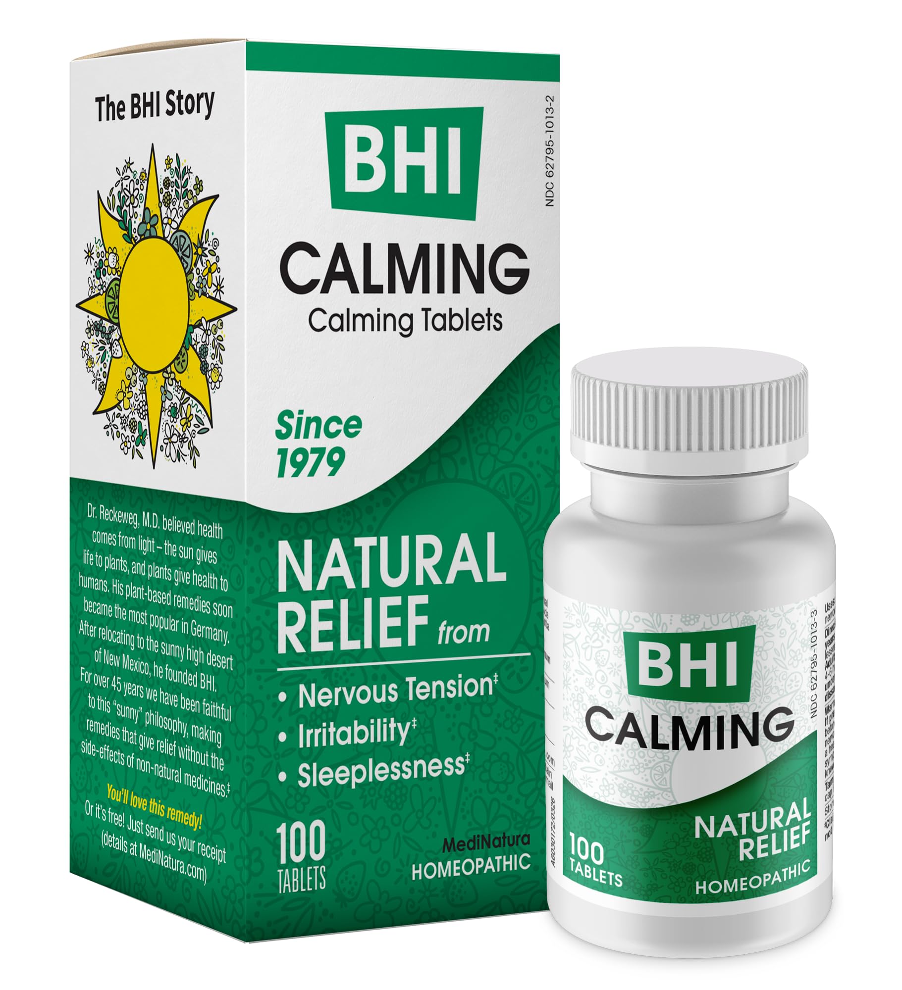 MediNatura BHI Calming Support Tablets packaging on a kitchen counter