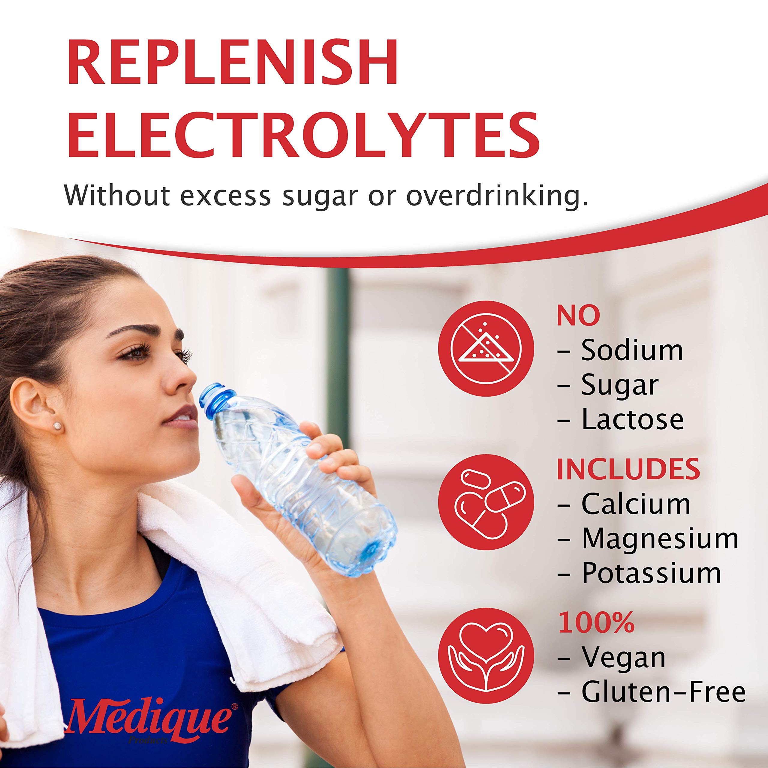 Medique Electrolyte Replacement Tablets side view with dosage information