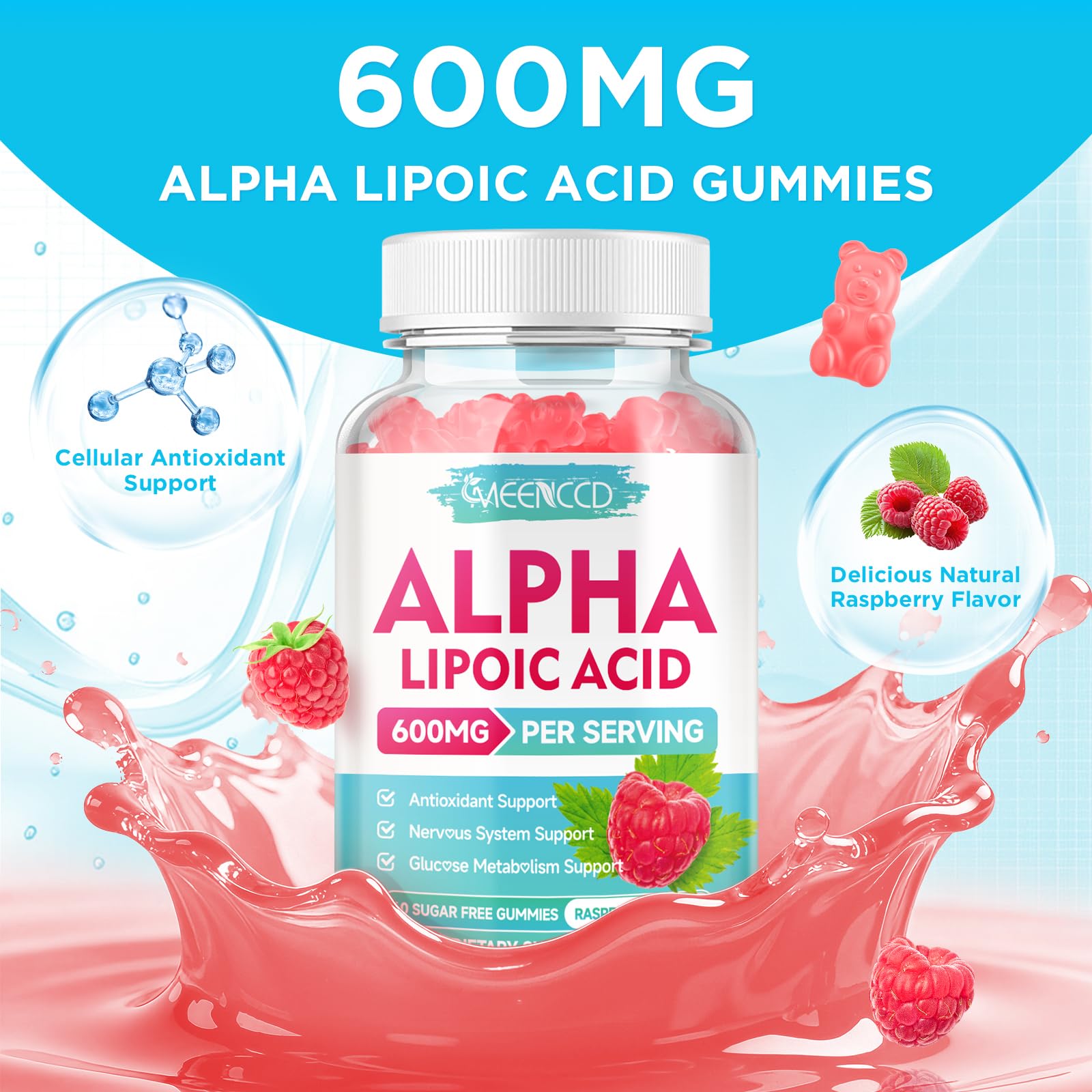 MEENCCD Alpha Lipoic Acid Gummies displayed with fresh raspberries