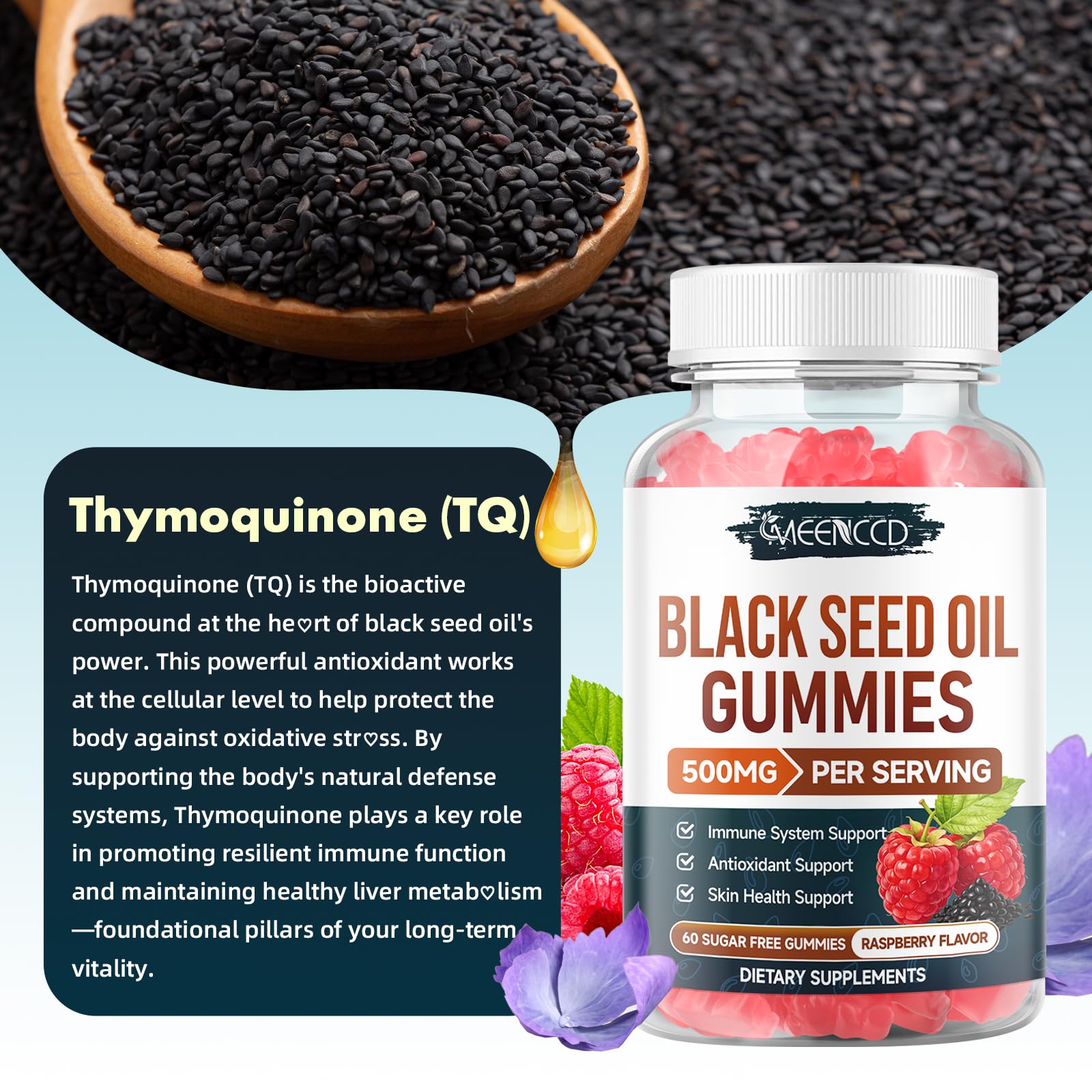 MEENCCD Black Seed Oil Gummies in a bowl with fresh raspberries