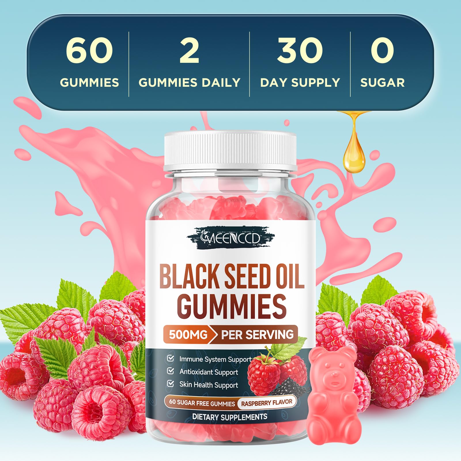 MEENCCD Black Seed Oil Gummies with a vibrant raspberry background