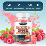 MEENCCD Black Seed Oil Gummies with a vibrant raspberry background