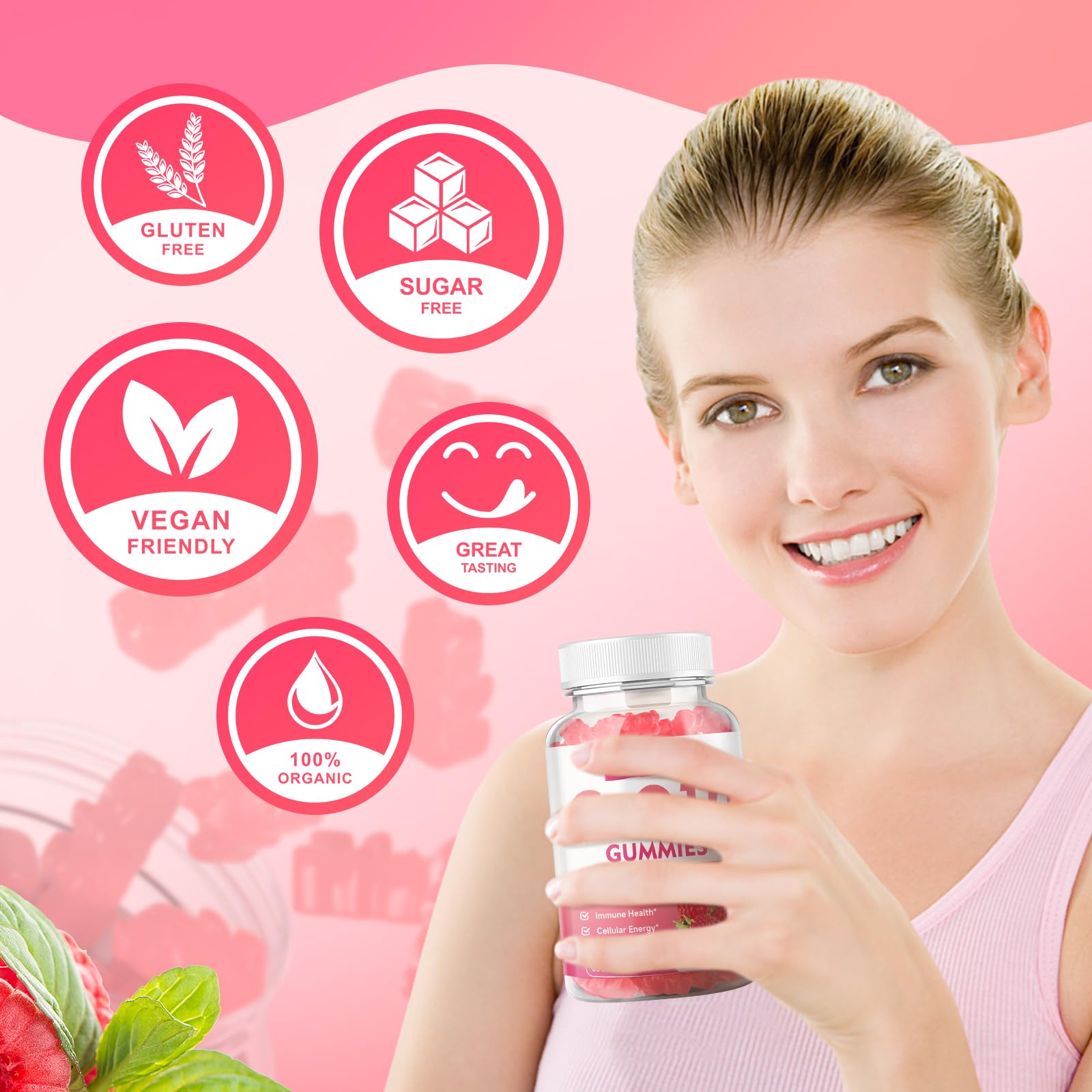 MEENCCD CoQ10 Gummies 250mg lifestyle shot with fruits