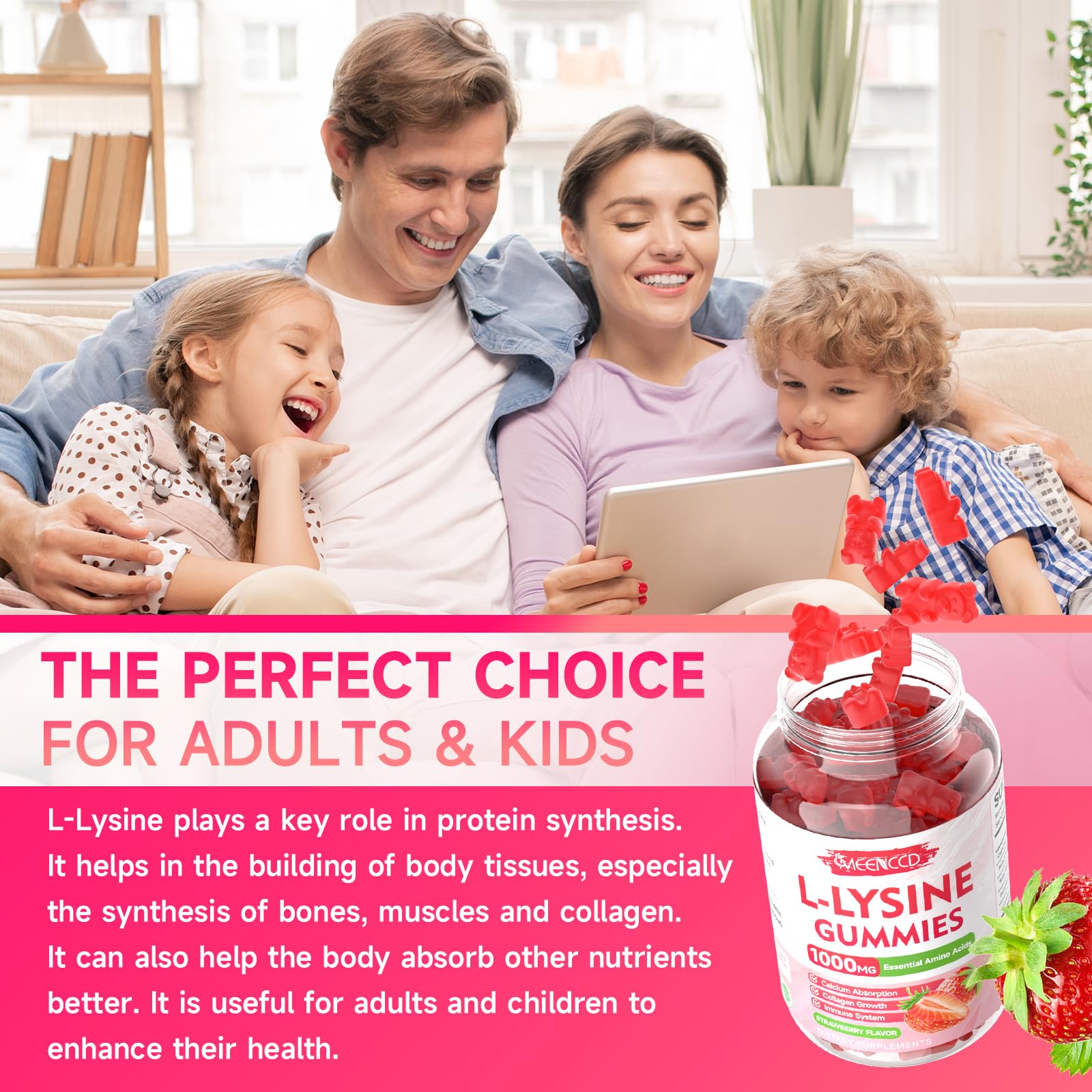 MEENCCD L-Lysine 1000mg Gummies strawberry flavour