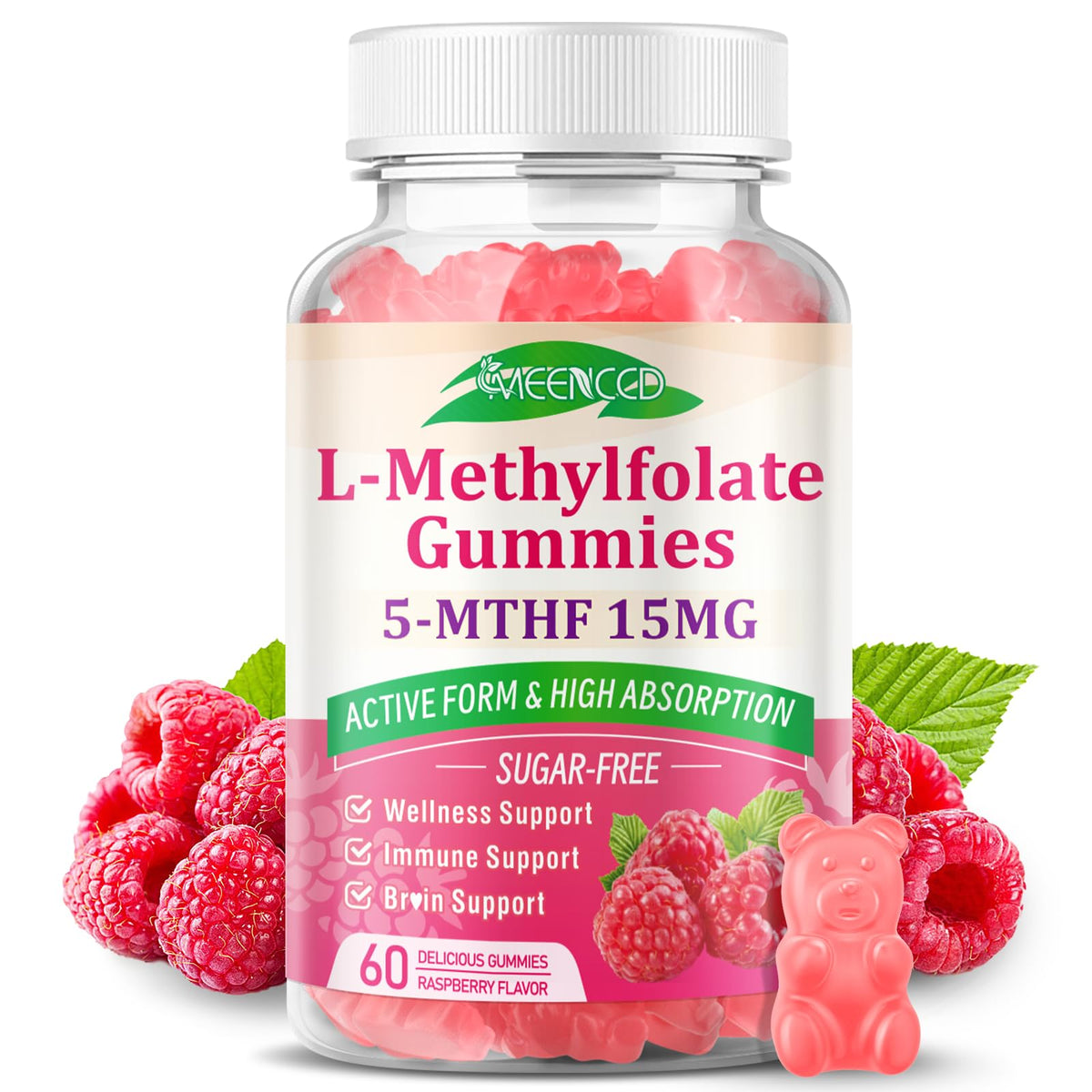 MEENCCD L-Methylfolate Gummies bottle front view with 60 count